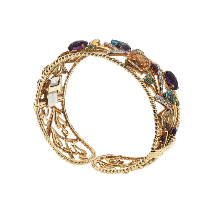 Diamond Colorful Gemstone 14 Karat Yellow Gold Hinged Cuff Bangle Bracelet