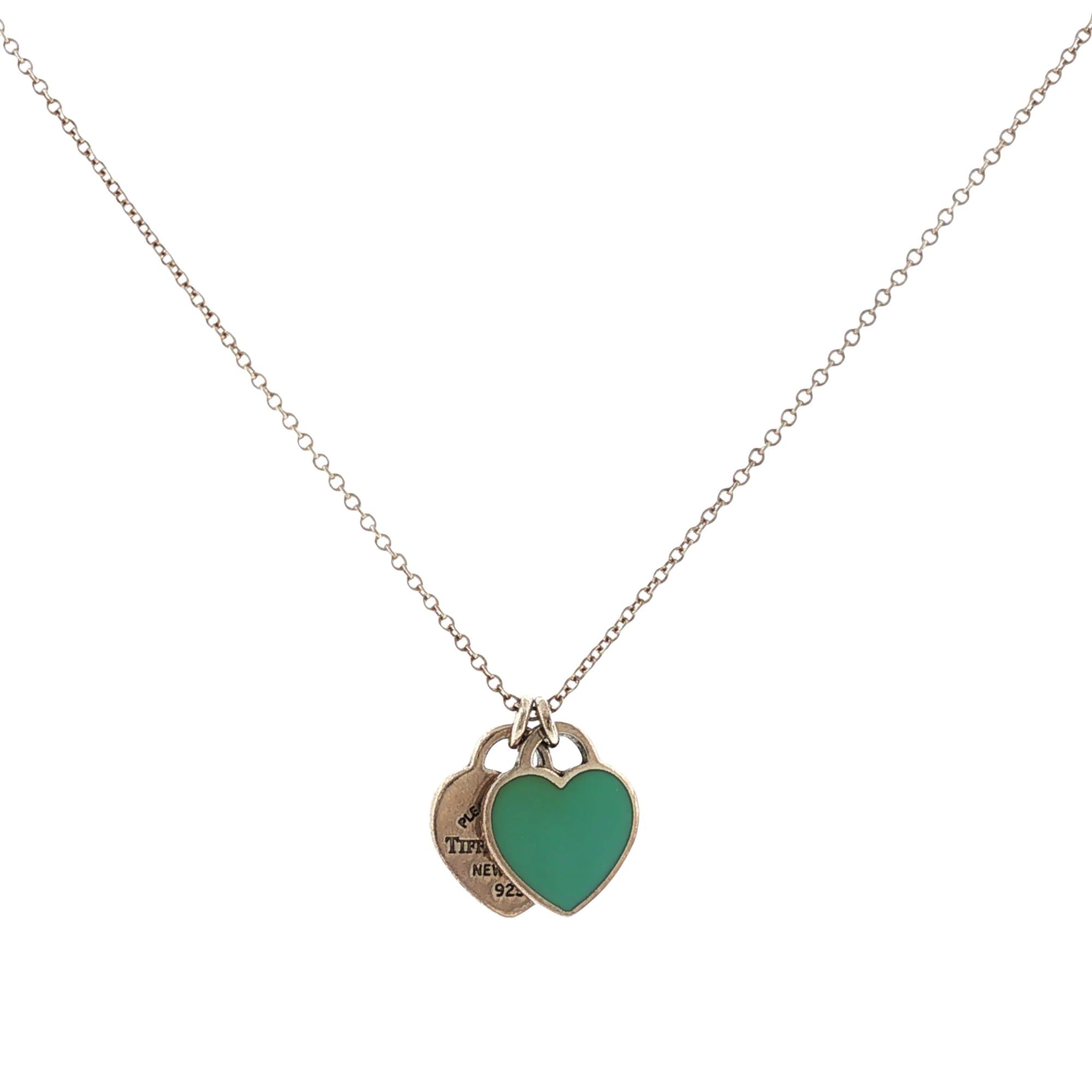 Tiffany & Co Blue Double Heart Tag Pendant Necklace Sterling Silver