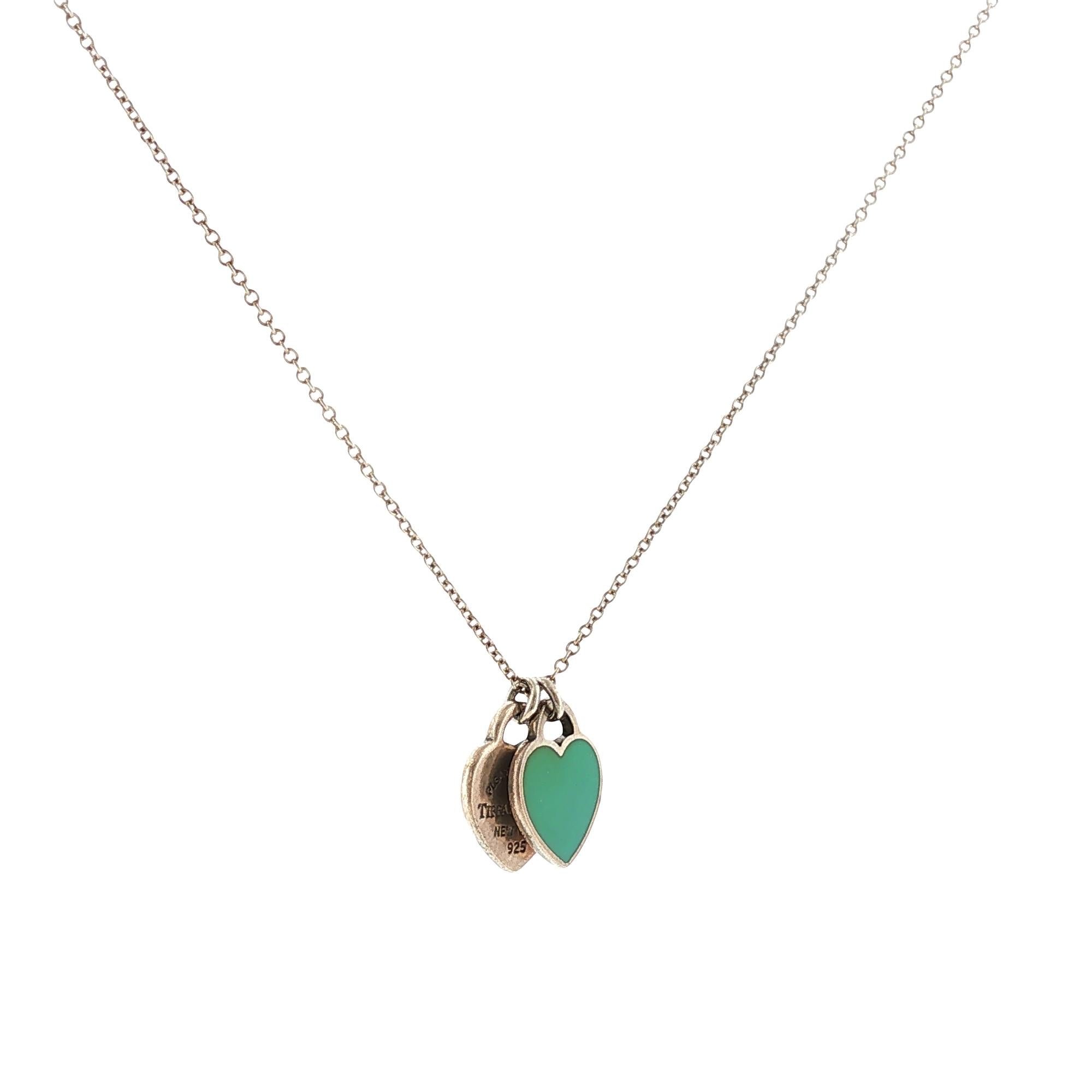 Tiffany & Co Blue Double Heart Tag Pendant Necklace Sterling Silver