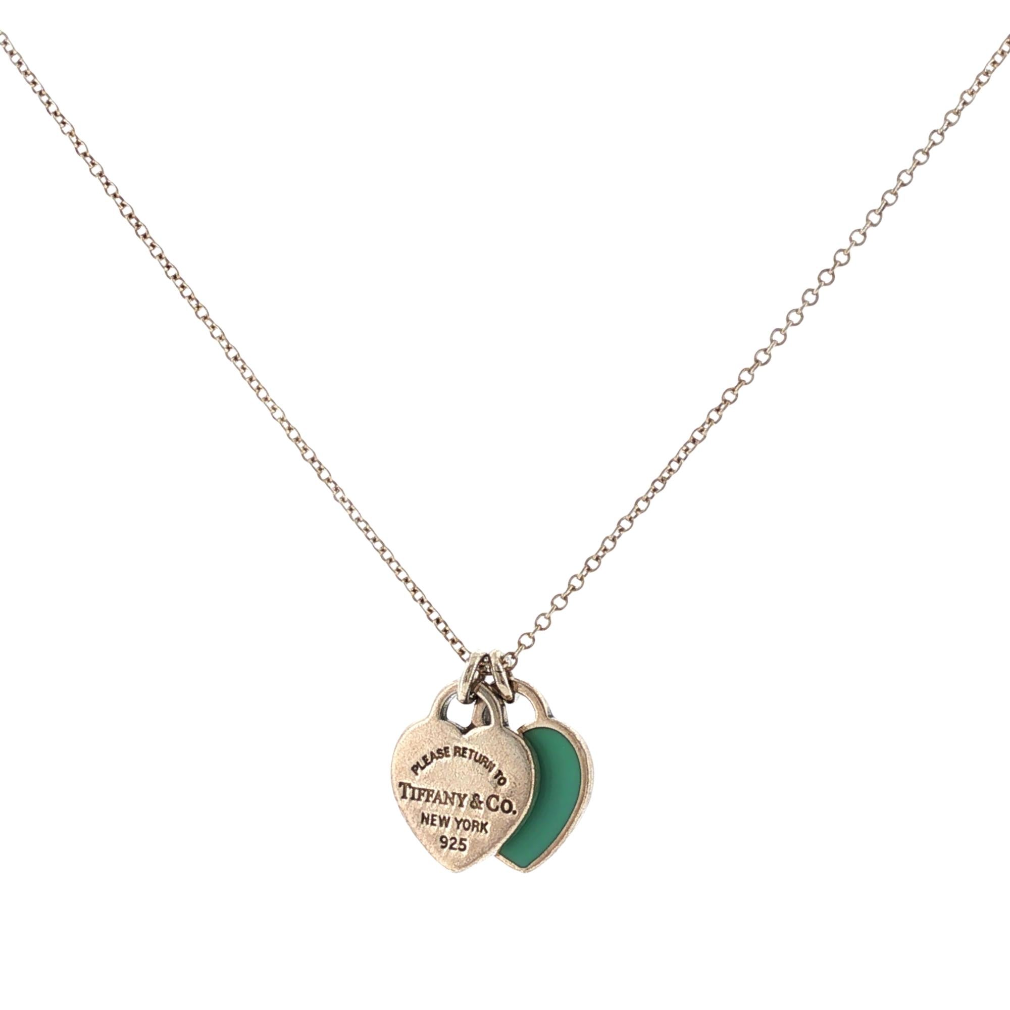 Tiffany & Co Blue Double Heart Tag Pendant Necklace Sterling Silver