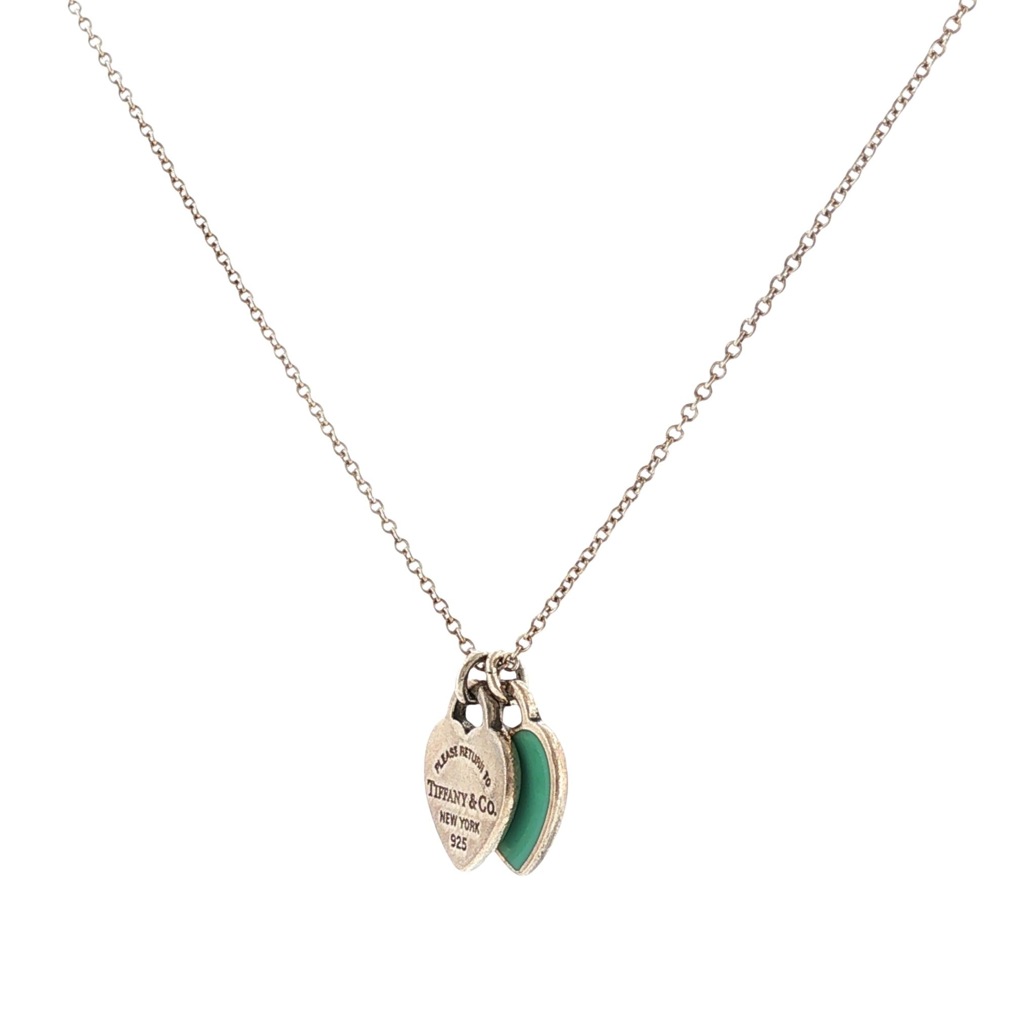 Tiffany & Co Blue Double Heart Tag Pendant Necklace Sterling Silver