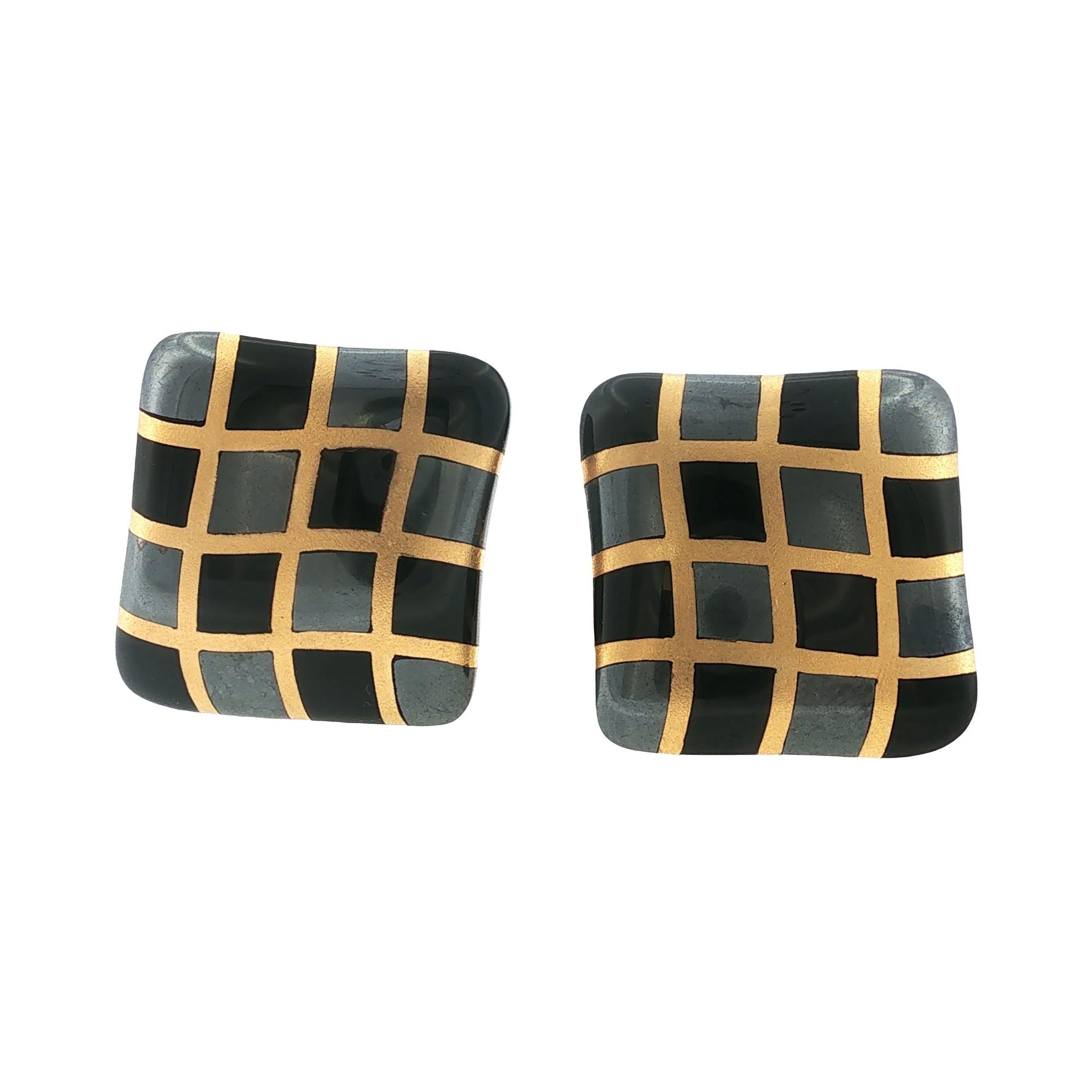 Angela Cummings Hematite Black Jade Checkerboard 18 Karat Yellow Gold Earrings