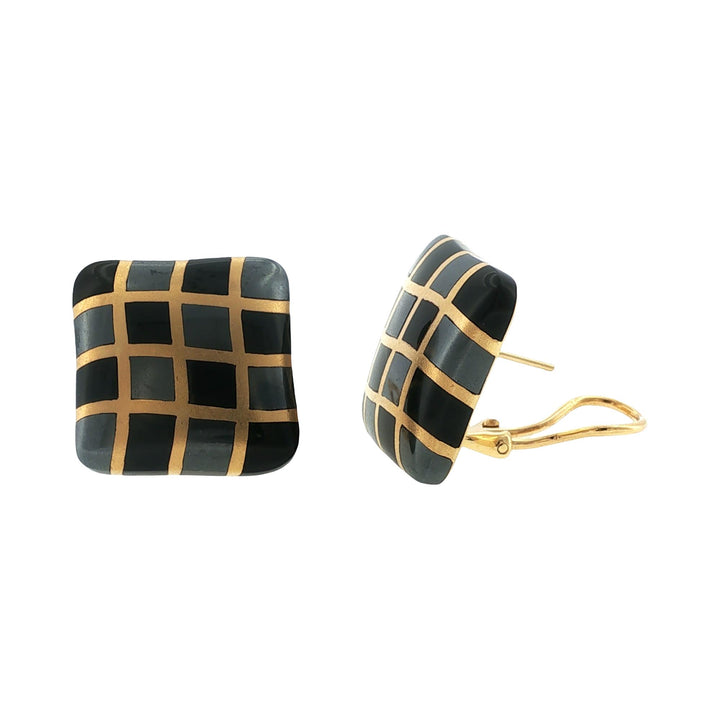 Angela Cummings Hematite Black Jade Checkerboard 18 Karat Yellow Gold Earrings