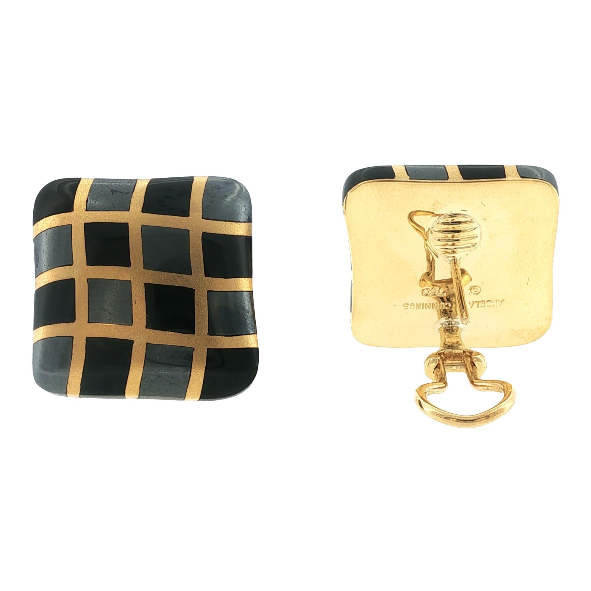Angela Cummings Hematite Black Jade Checkerboard 18 Karat Yellow Gold Earrings
