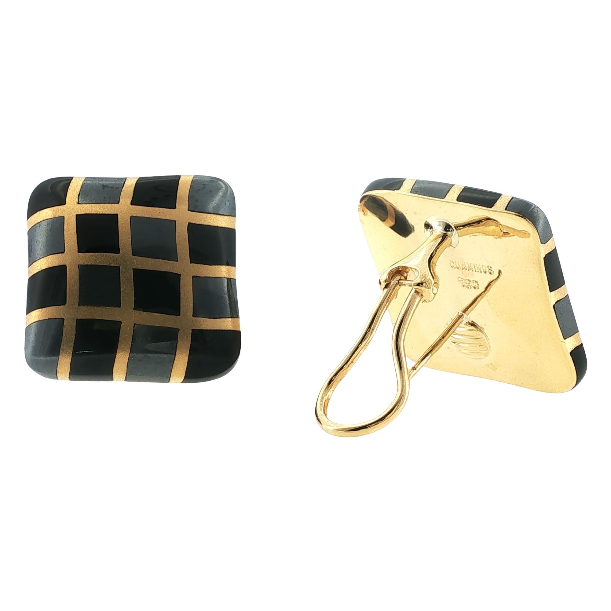 Angela Cummings Hematite Black Jade Checkerboard 18 Karat Yellow Gold Earrings