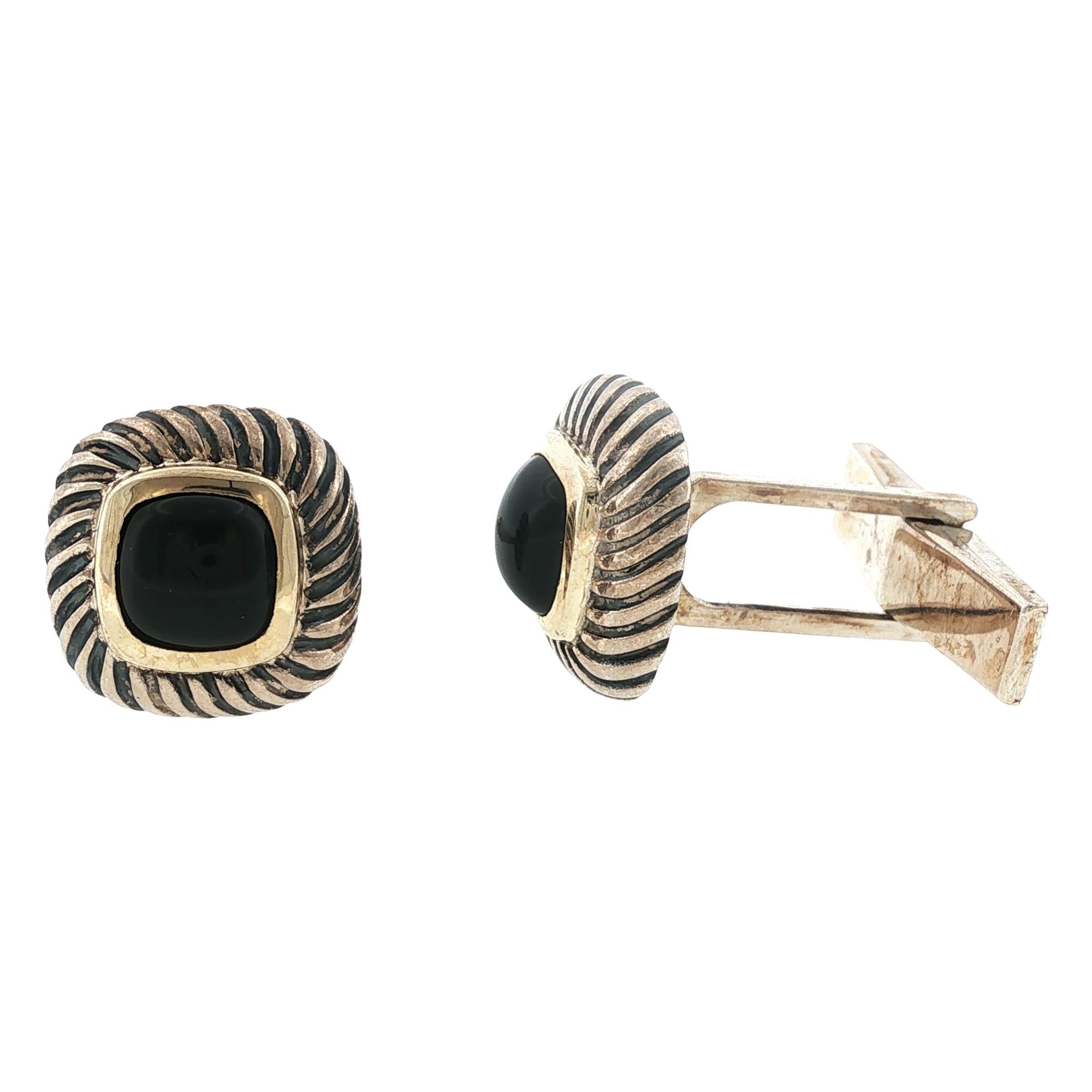 David Yurman Black Onyx 14K Yellow Gold/SS Gents Cable Classic Cufflinks