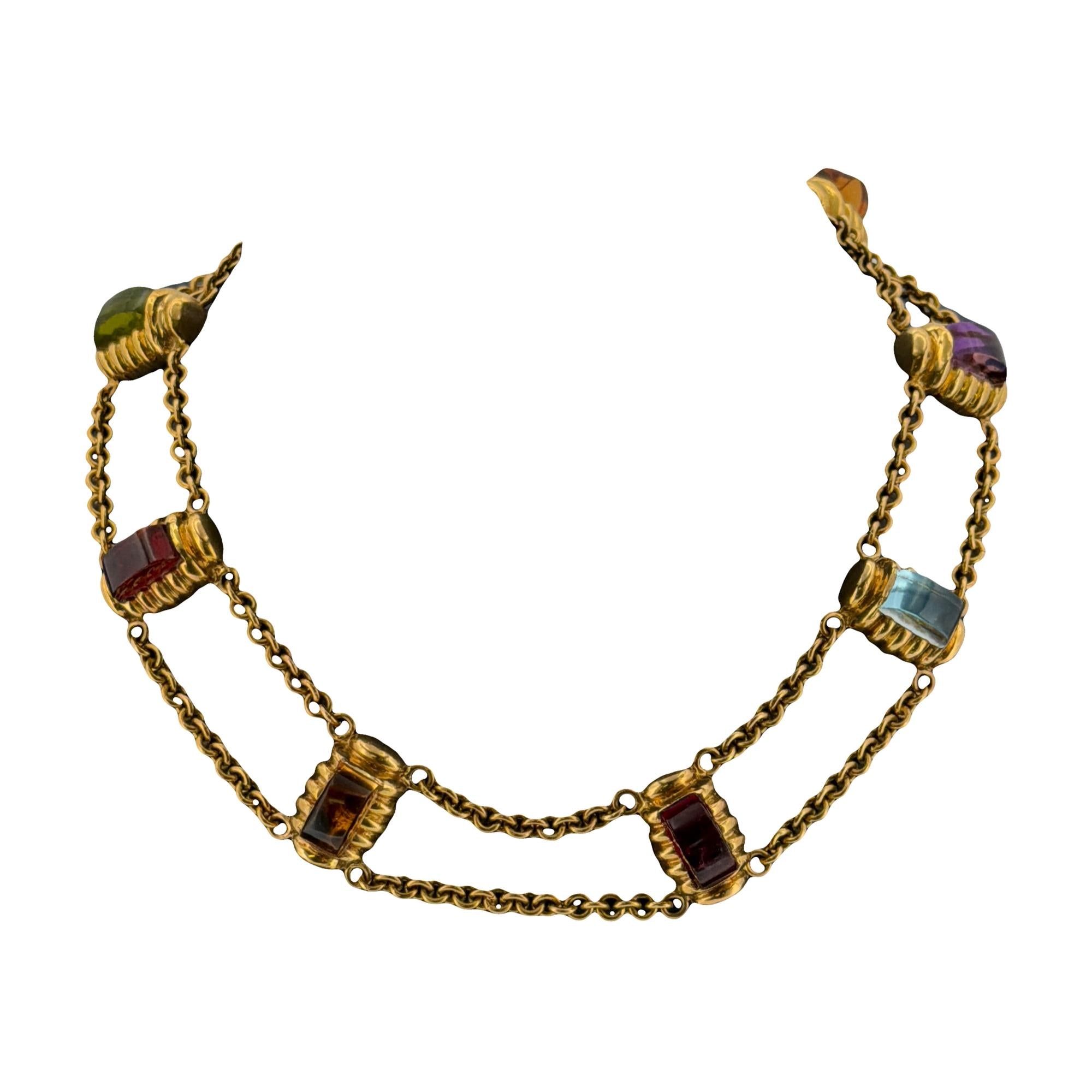 Multi-Color Rectangular Gemstone Station 18KYG Necklace Signed Laura Munder
