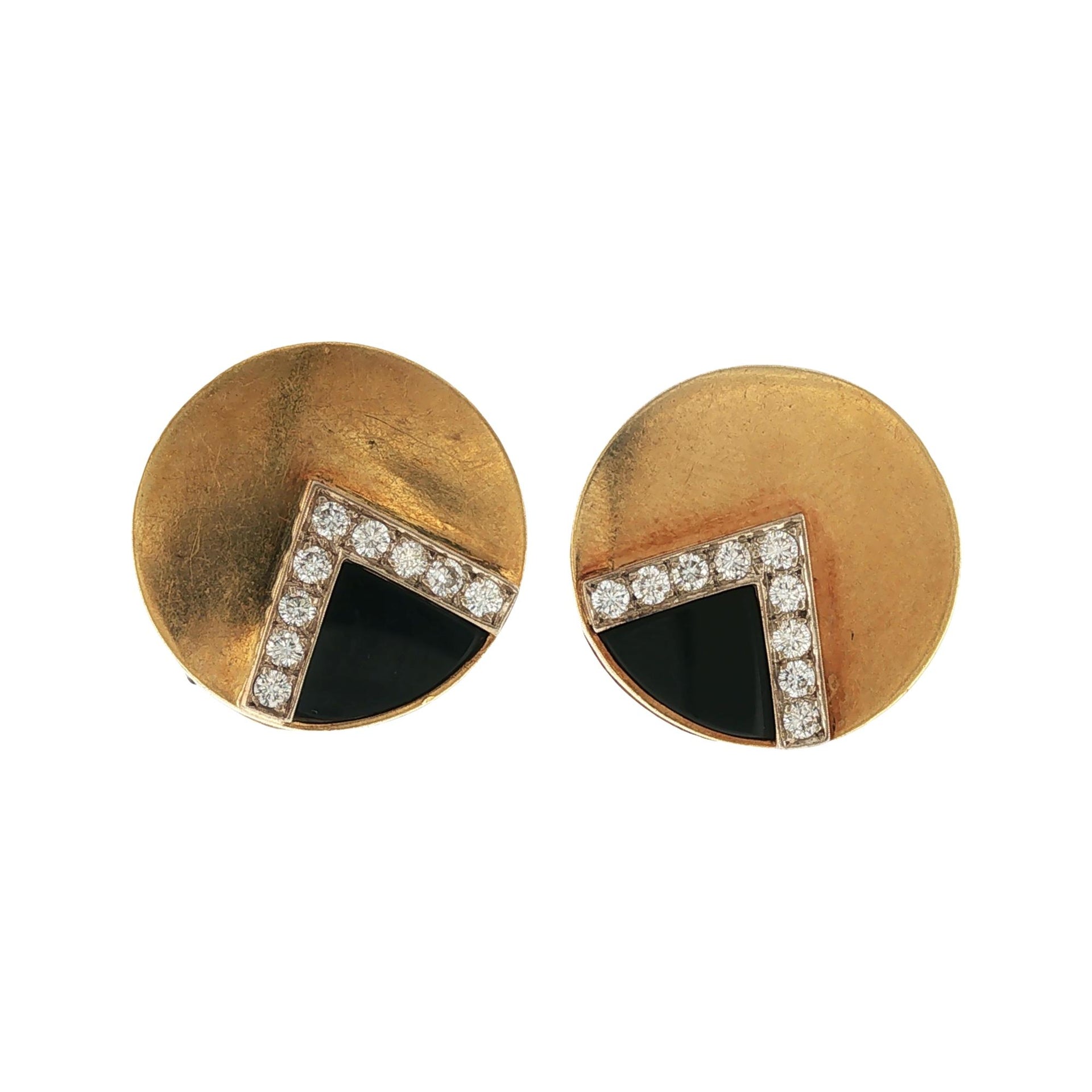 1960's Diamond & Onyx 18 Karat Yellow Gold Round Earclip Earrings