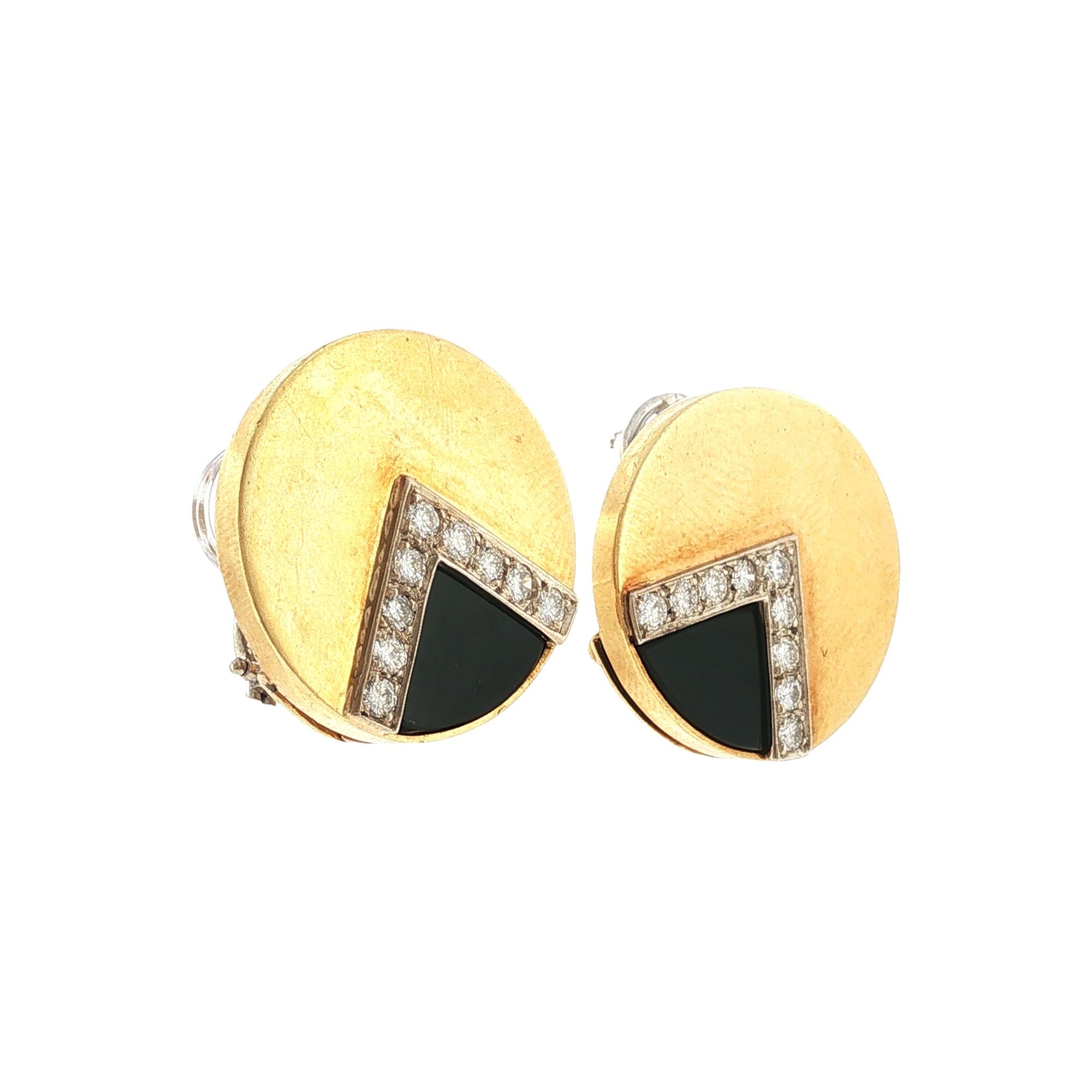 1960's Diamond & Onyx 18 Karat Yellow Gold Round Earclip Earrings