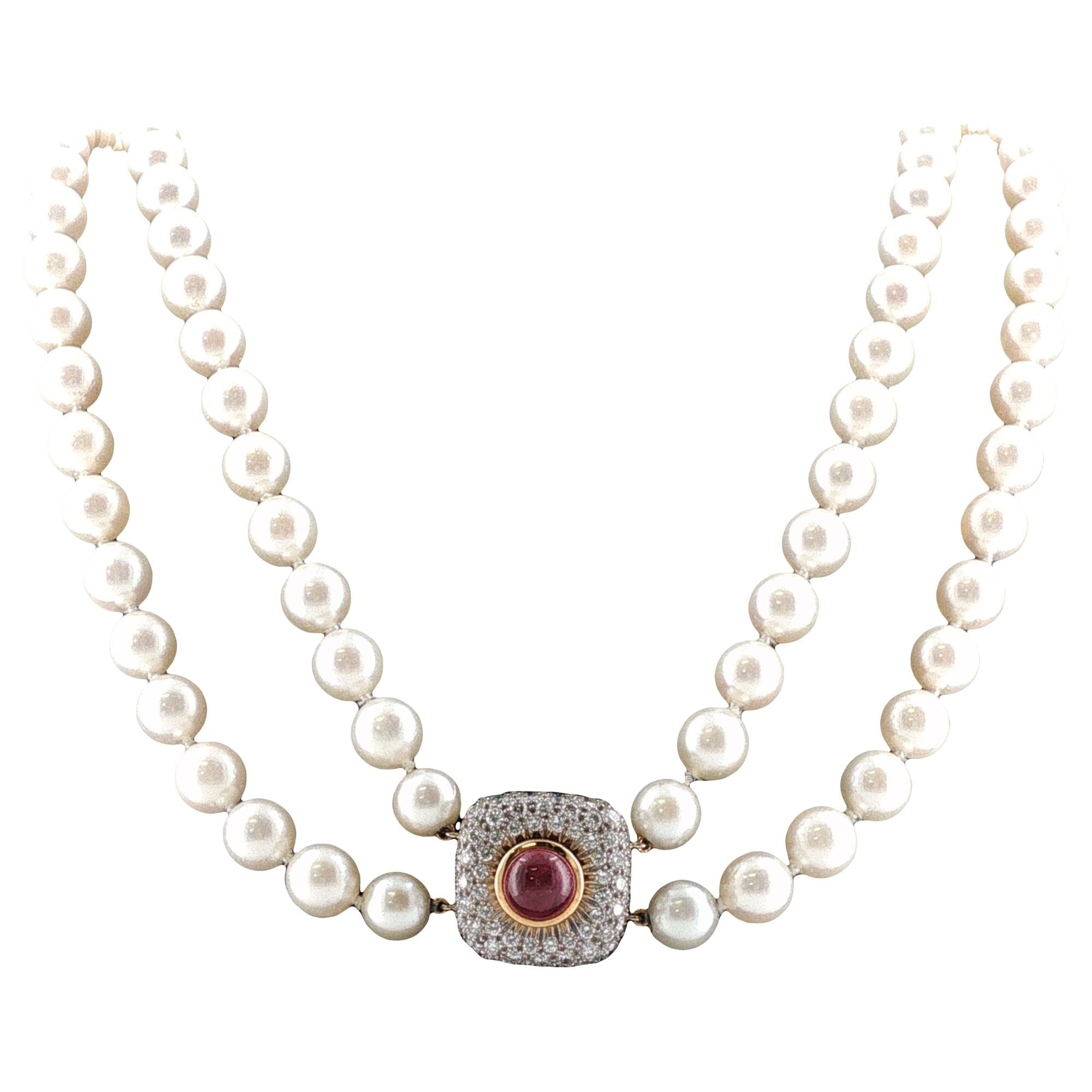 32 Inch Double Strand Cultured Pearl Necklace with Diamond Ruby Clasp