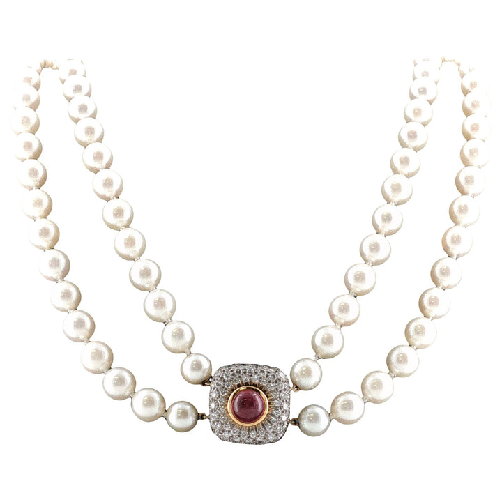 32 Inch Double Strand Cultured Pearl Necklace with Diamond Ruby Clasp