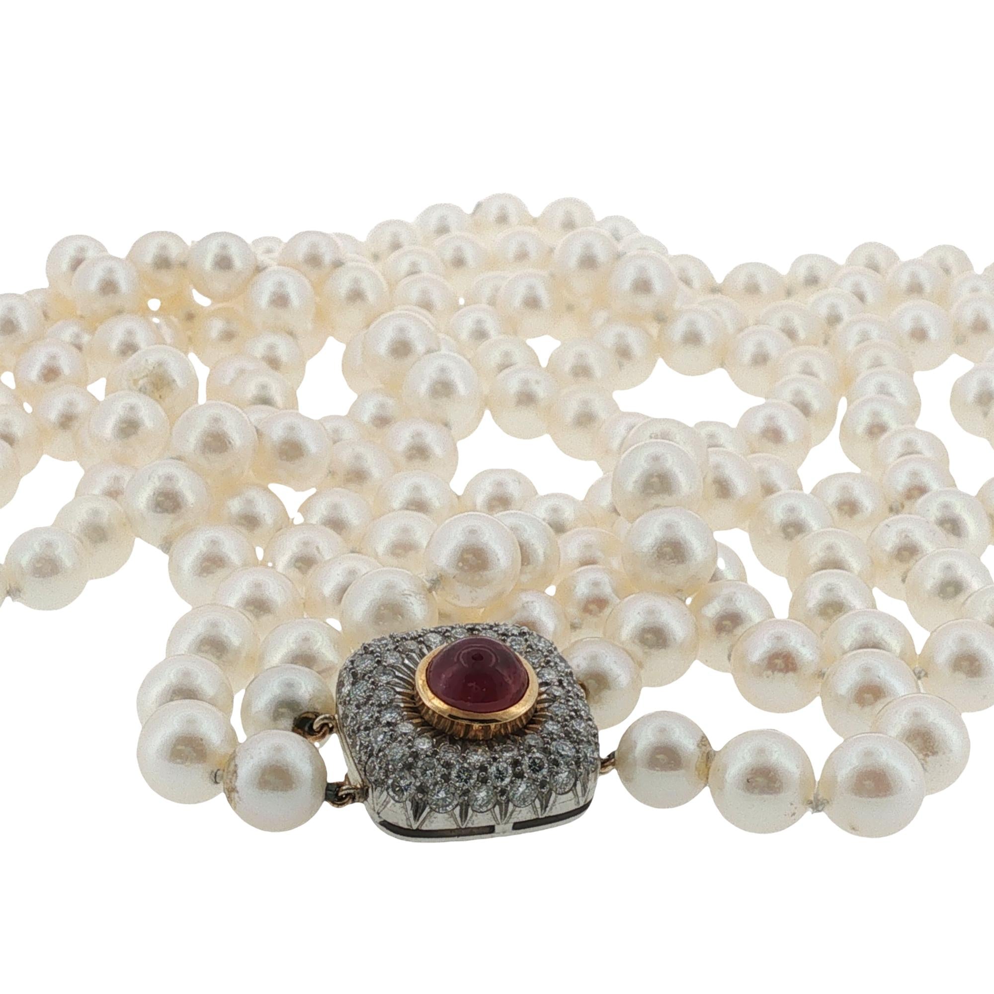 32 Inch Double Strand Cultured Pearl Necklace with Diamond Ruby Clasp