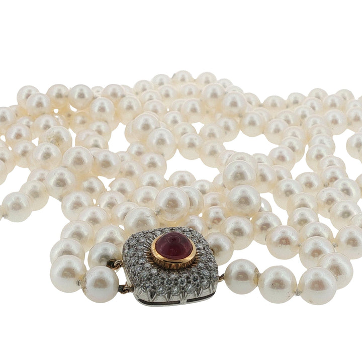 32 Inch Double Strand Cultured Pearl Necklace with Diamond Ruby Clasp