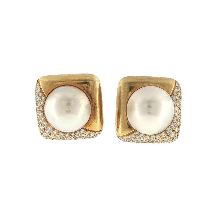 18 Karat Yellow Gold Mabe Pearl Diamond Ear Clip Earrings Circa 1980's