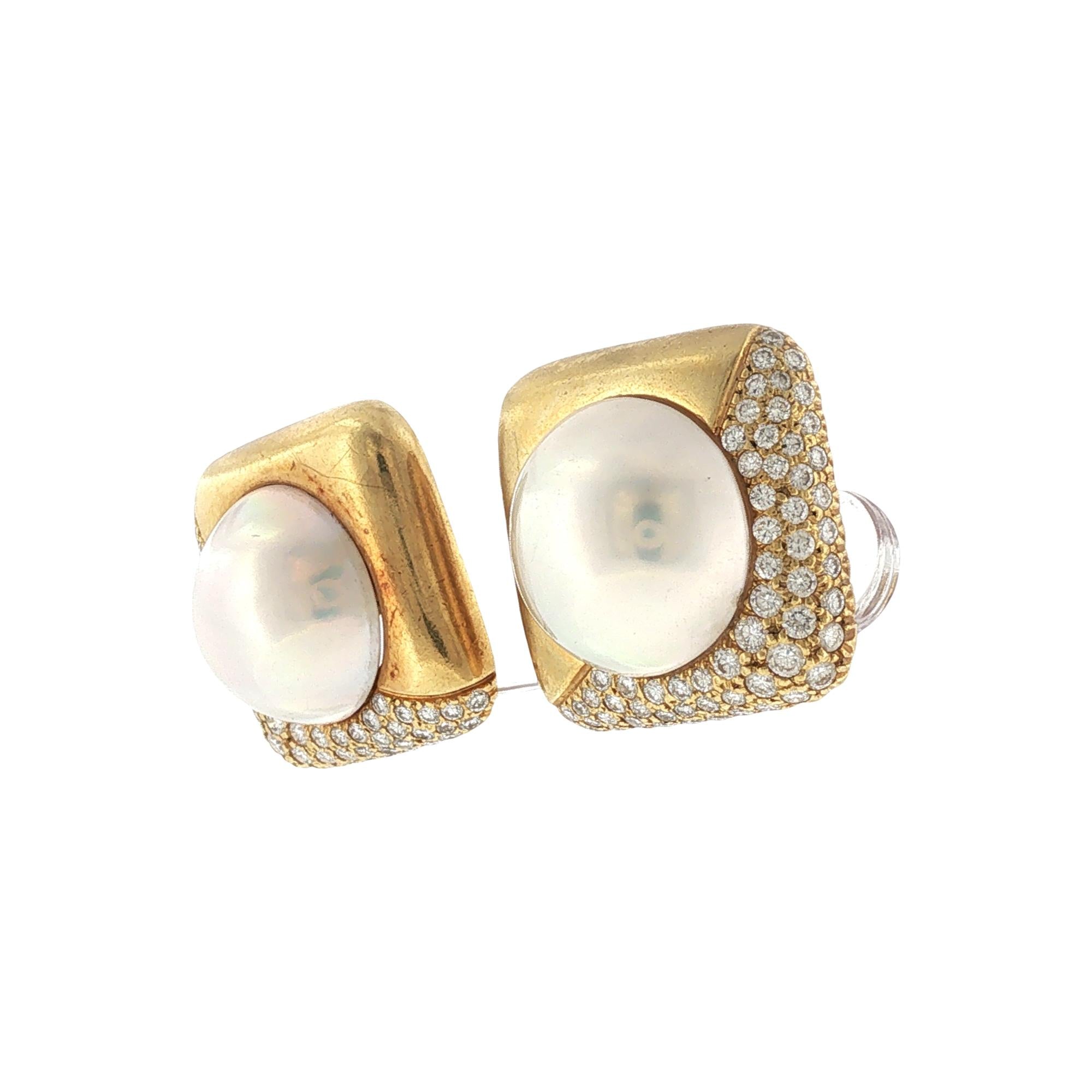18 Karat Yellow Gold Mabe Pearl Diamond Ear Clip Earrings Circa 1980's