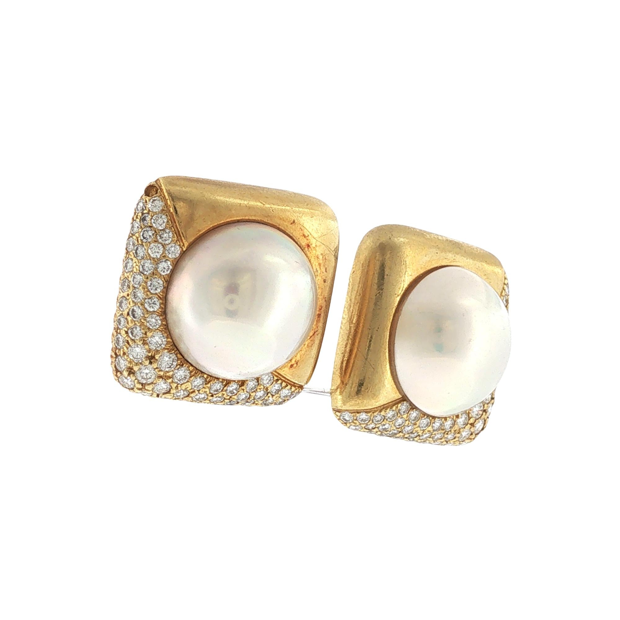 18 Karat Yellow Gold Mabe Pearl Diamond Ear Clip Earrings Circa 1980's