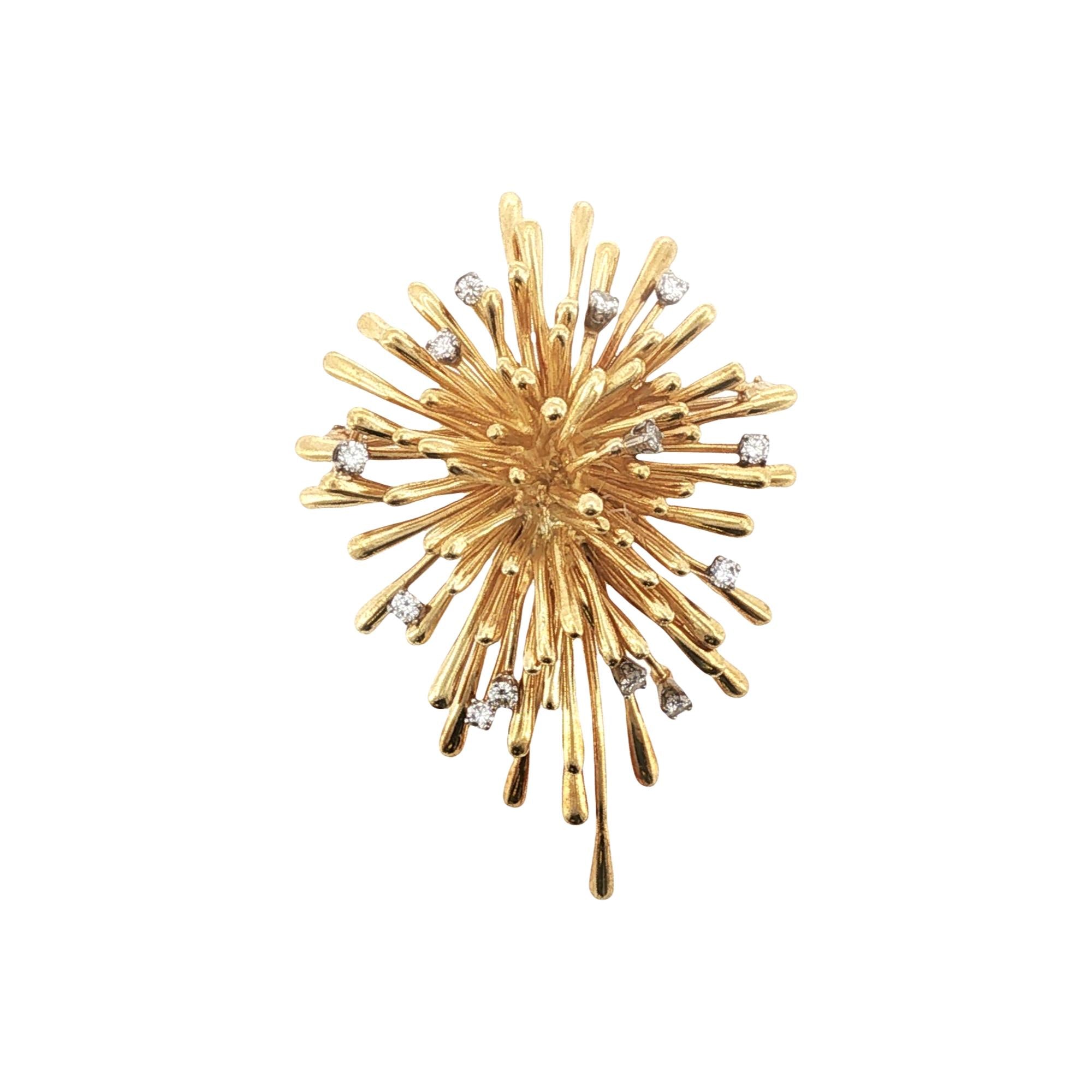 1960's French 18 Karat Yellow Gold Diamond Vintage Spray Pin Brooch