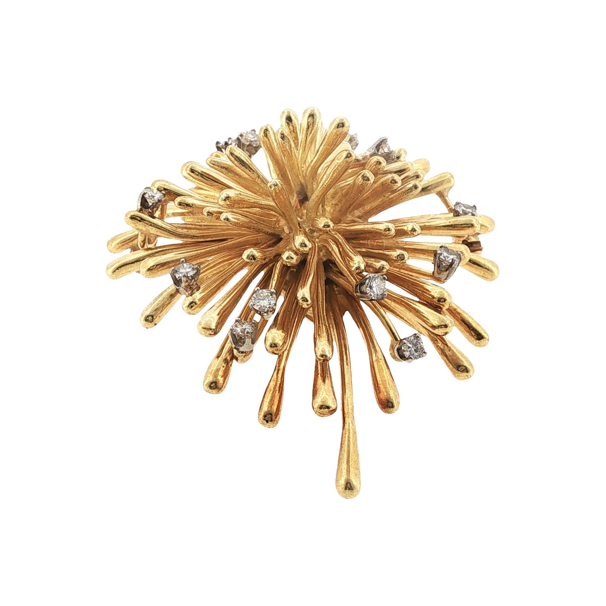 1960's French 18 Karat Yellow Gold Diamond Vintage Spray Pin Brooch