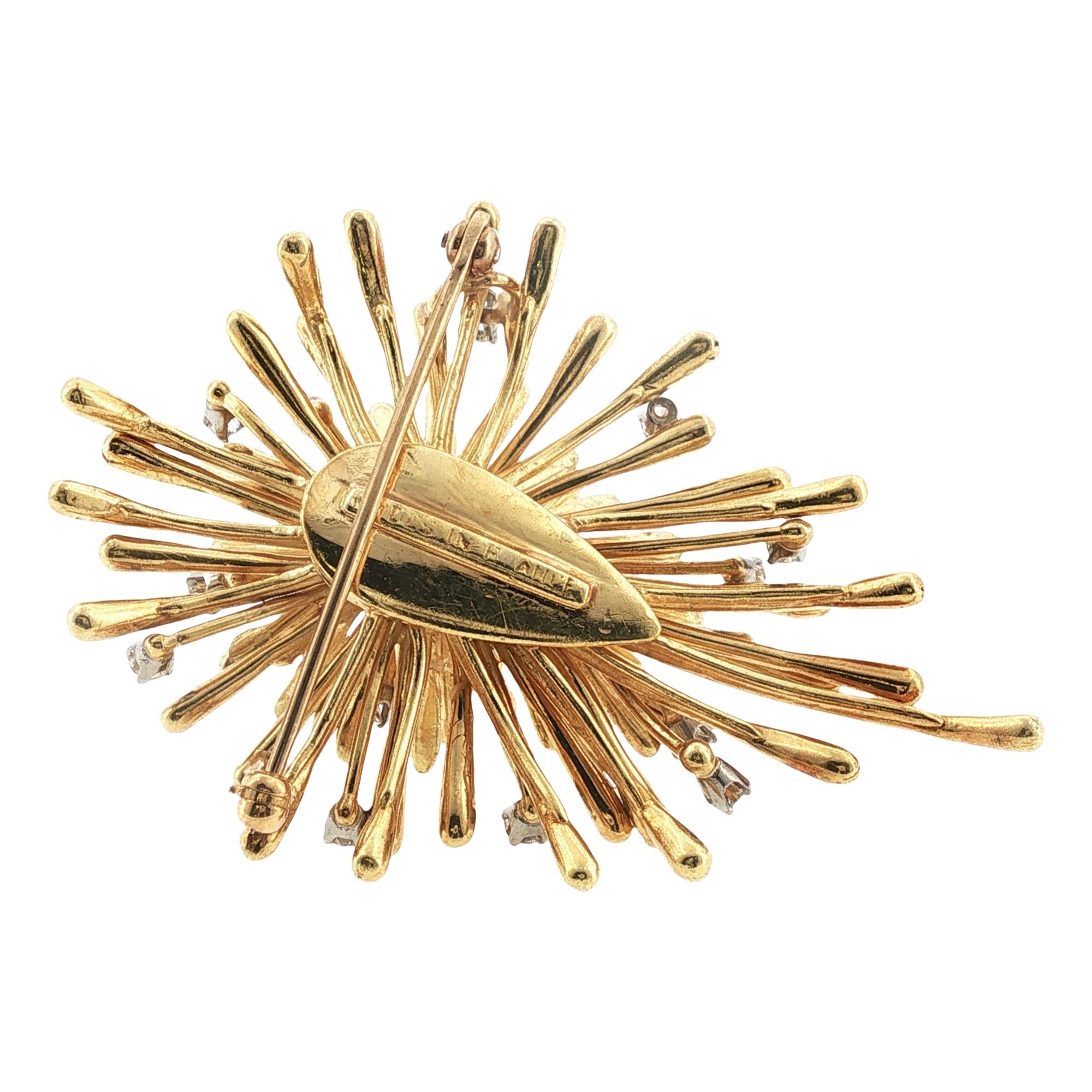 1960's French 18 Karat Yellow Gold Diamond Vintage Spray Pin Brooch