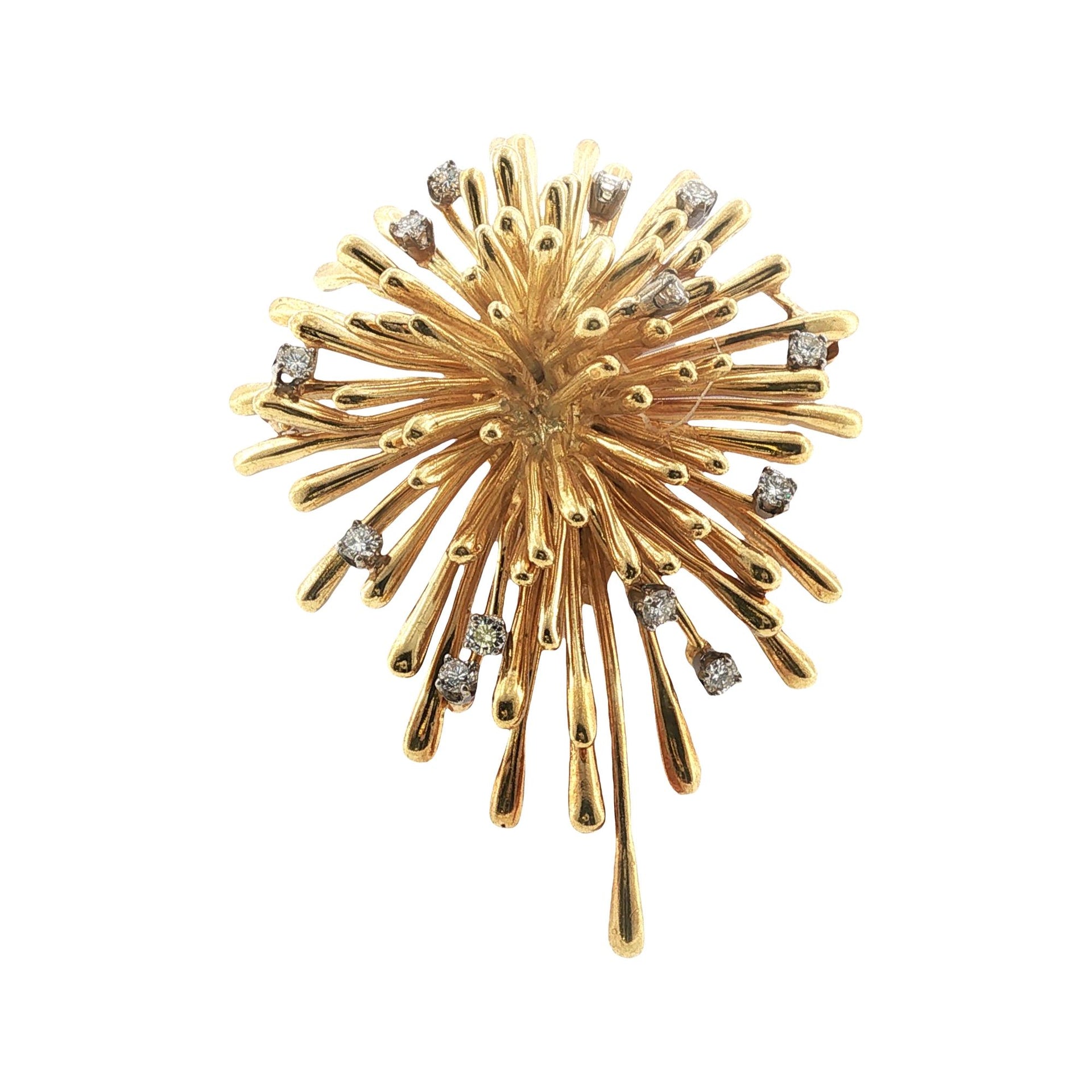 1960's French 18 Karat Yellow Gold Diamond Vintage Spray Pin Brooch