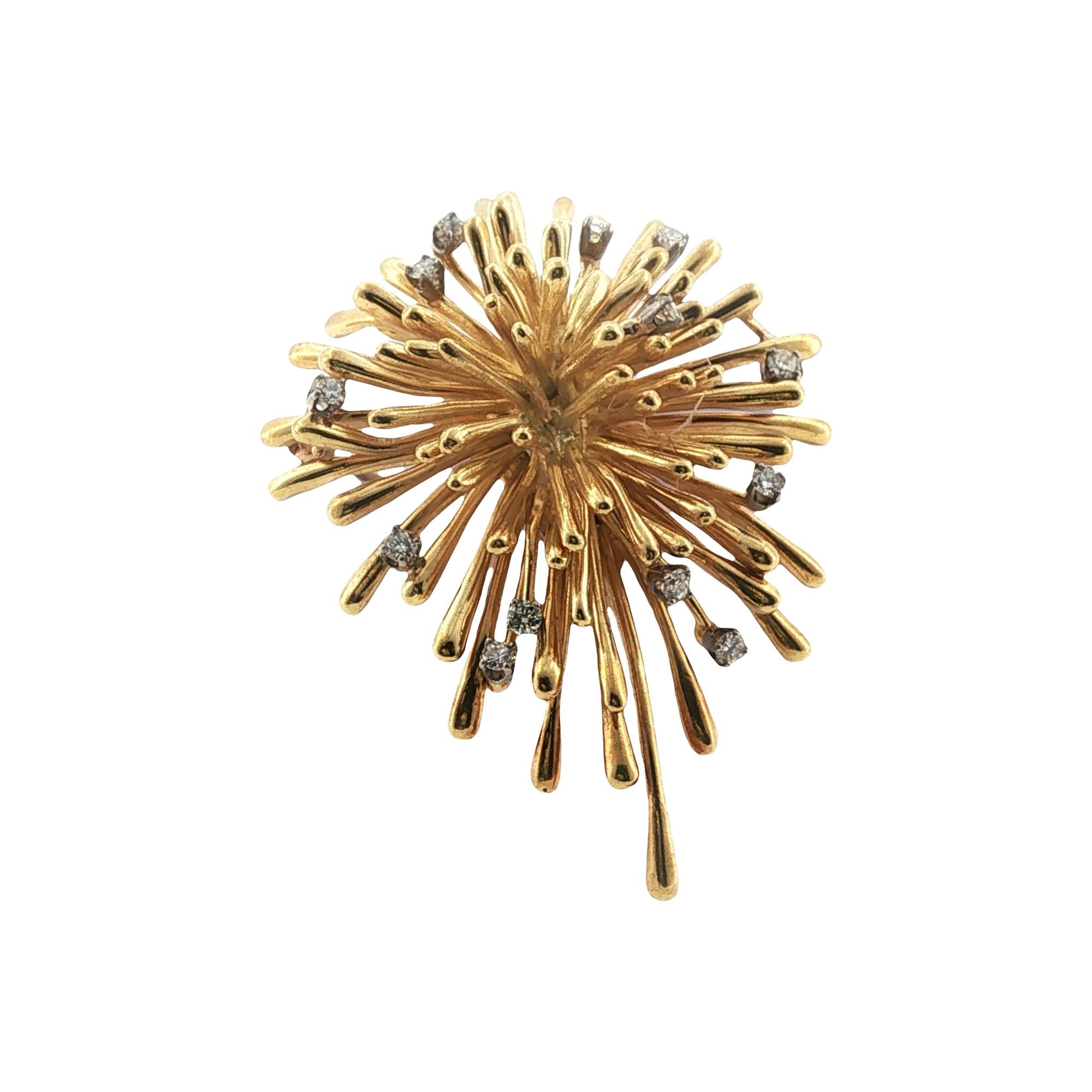 1960's French 18 Karat Yellow Gold Diamond Vintage Spray Pin Brooch