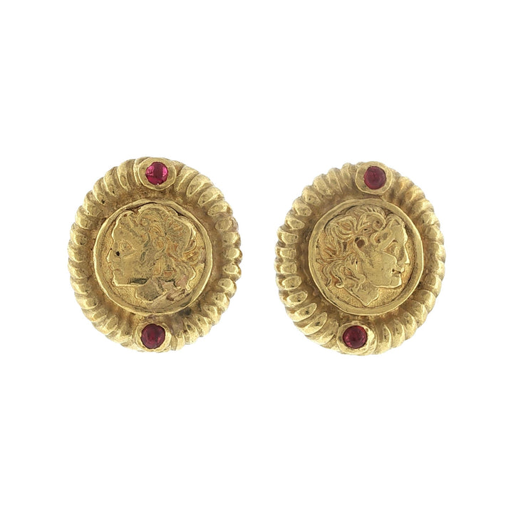 18 Karat Yellow Gold Cabochon Ruby Roman Coin Motif Vintage Earclip Earrings