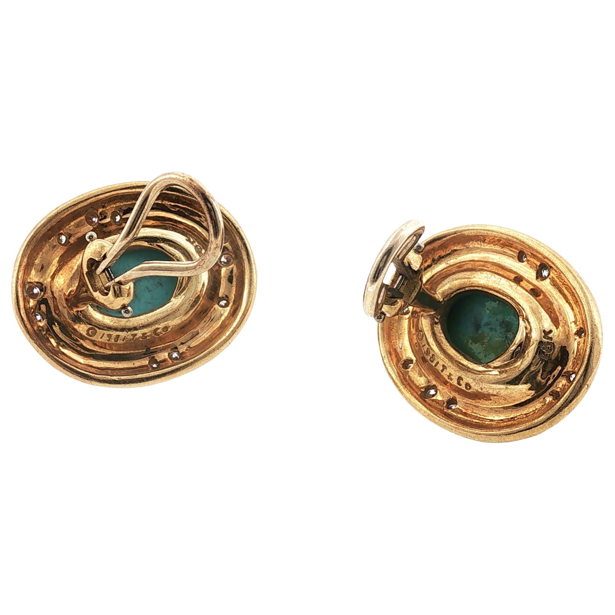 Tiffany & Co. Turquoise Diamond 18 Karat Yellow Gold Vintage Earclip Earrings