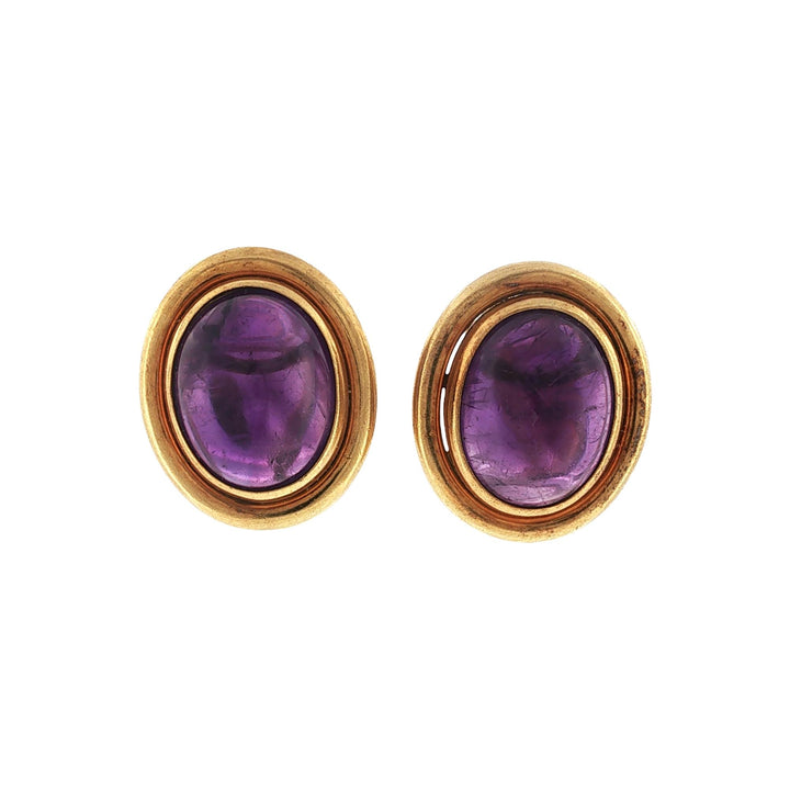 Amethyst Cabechon 18 Karat Yellow Gold Earclip Earrings