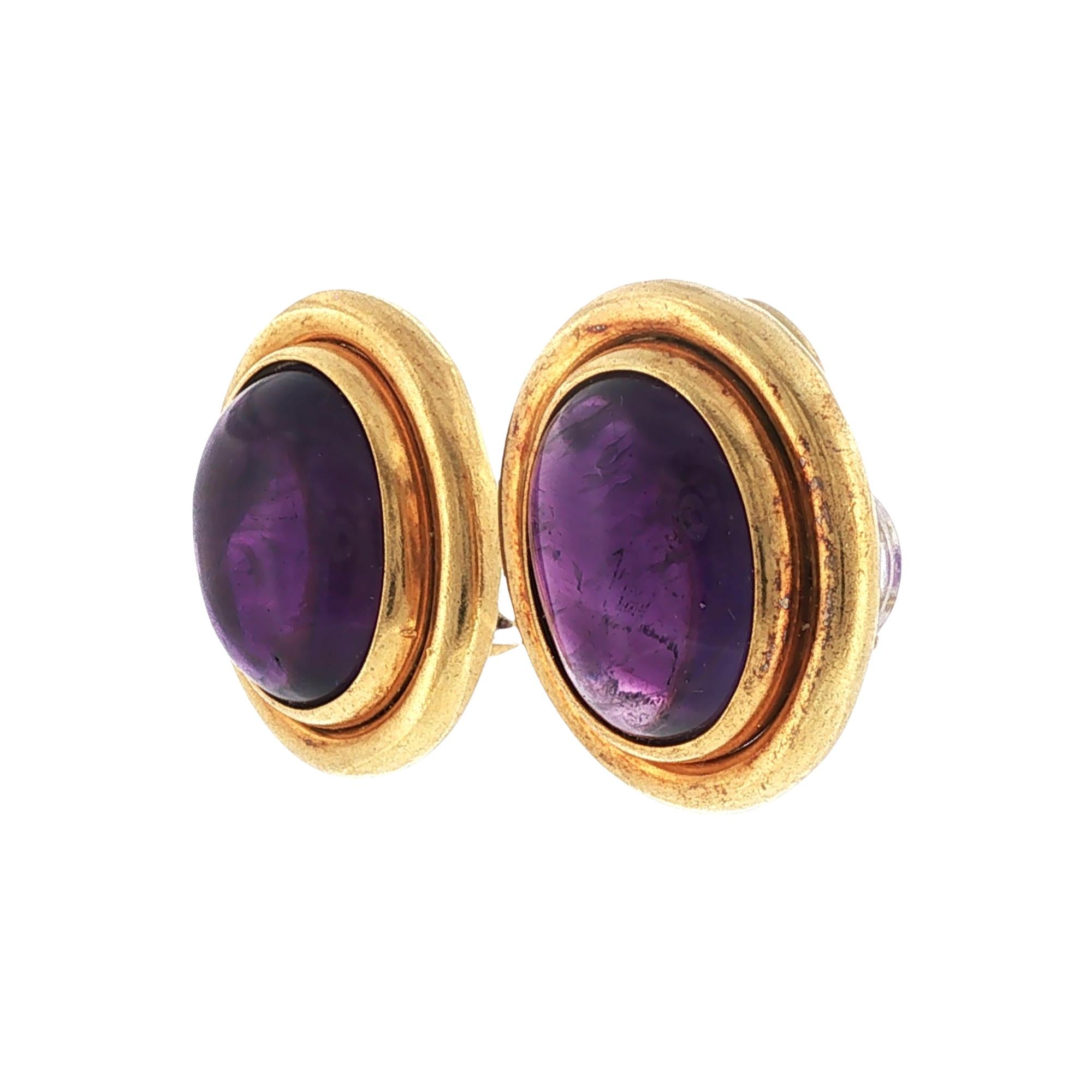 Amethyst Cabechon 18 Karat Yellow Gold Earclip Earrings