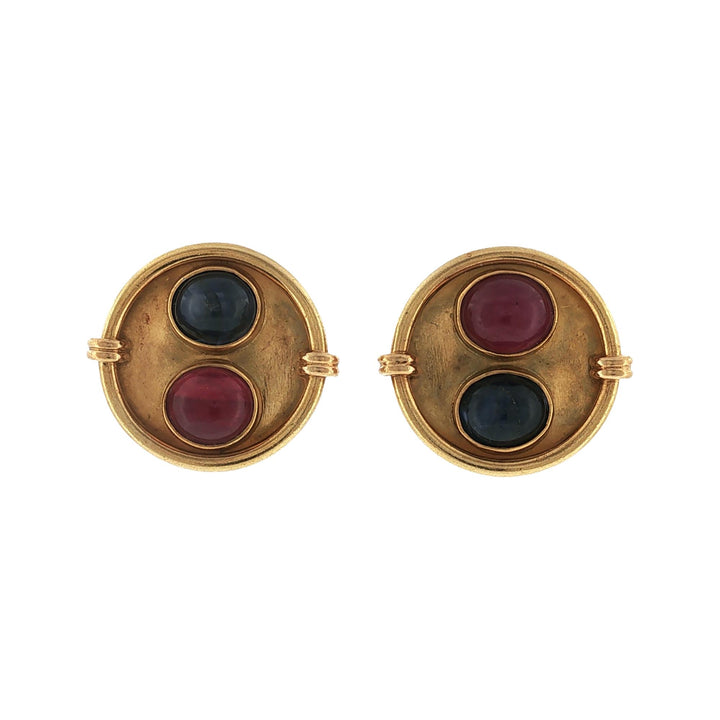 Vintage Sapphire Ruby Round Disc 18 Karat Yellow Gold Earclip Earrings