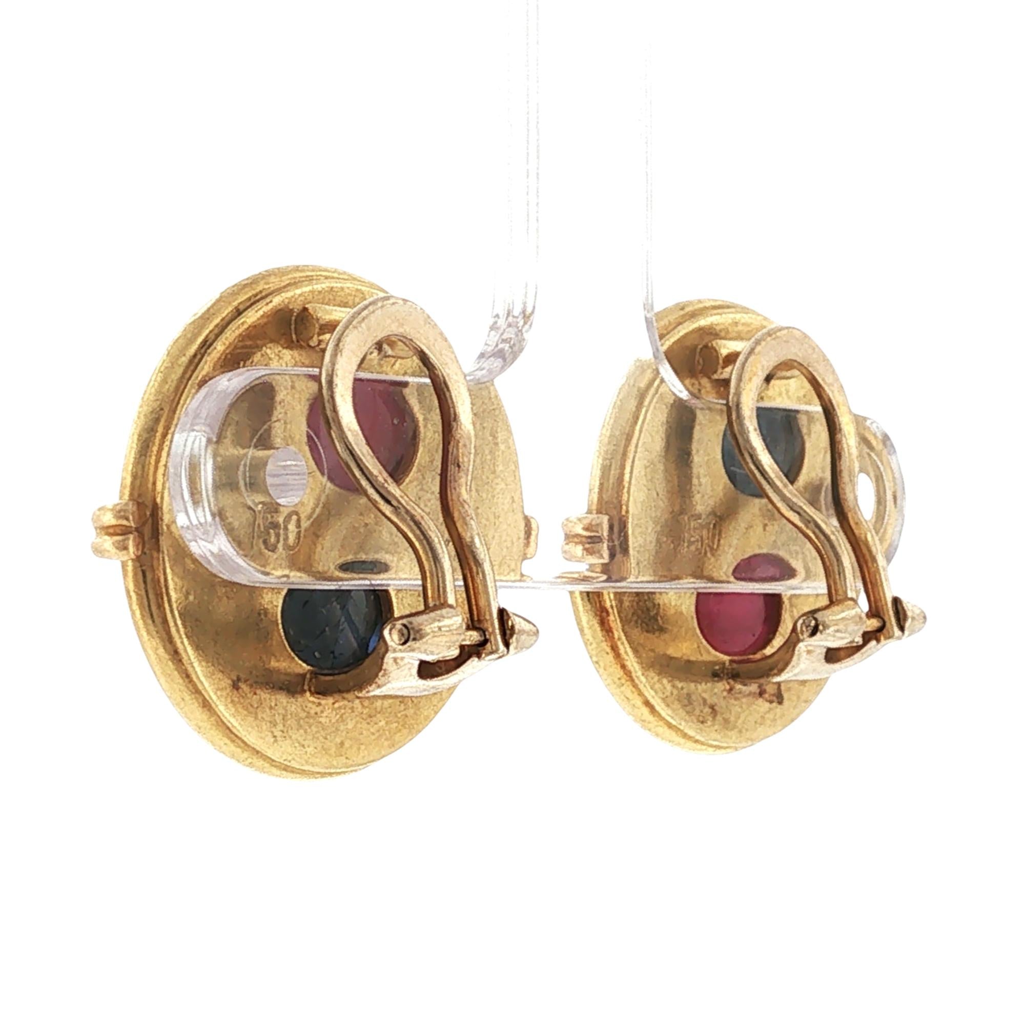 Vintage Sapphire Ruby Round Disc 18 Karat Yellow Gold Earclip Earrings