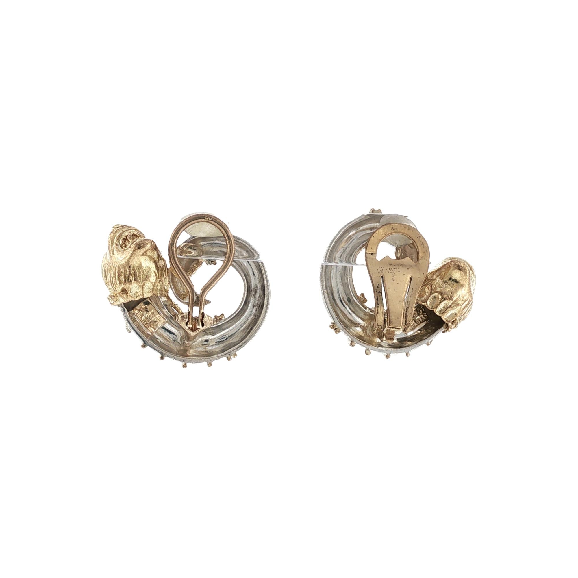 Zolotas Lion Head 18K Yellow Gold & Sterling Silver Vintage Earclip Earrings