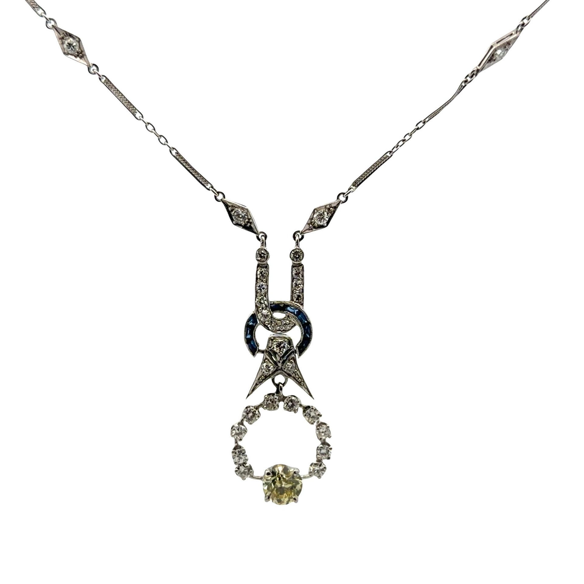 Art Deco Old European-Cut Diamond Platinum Drop Pendant Necklace