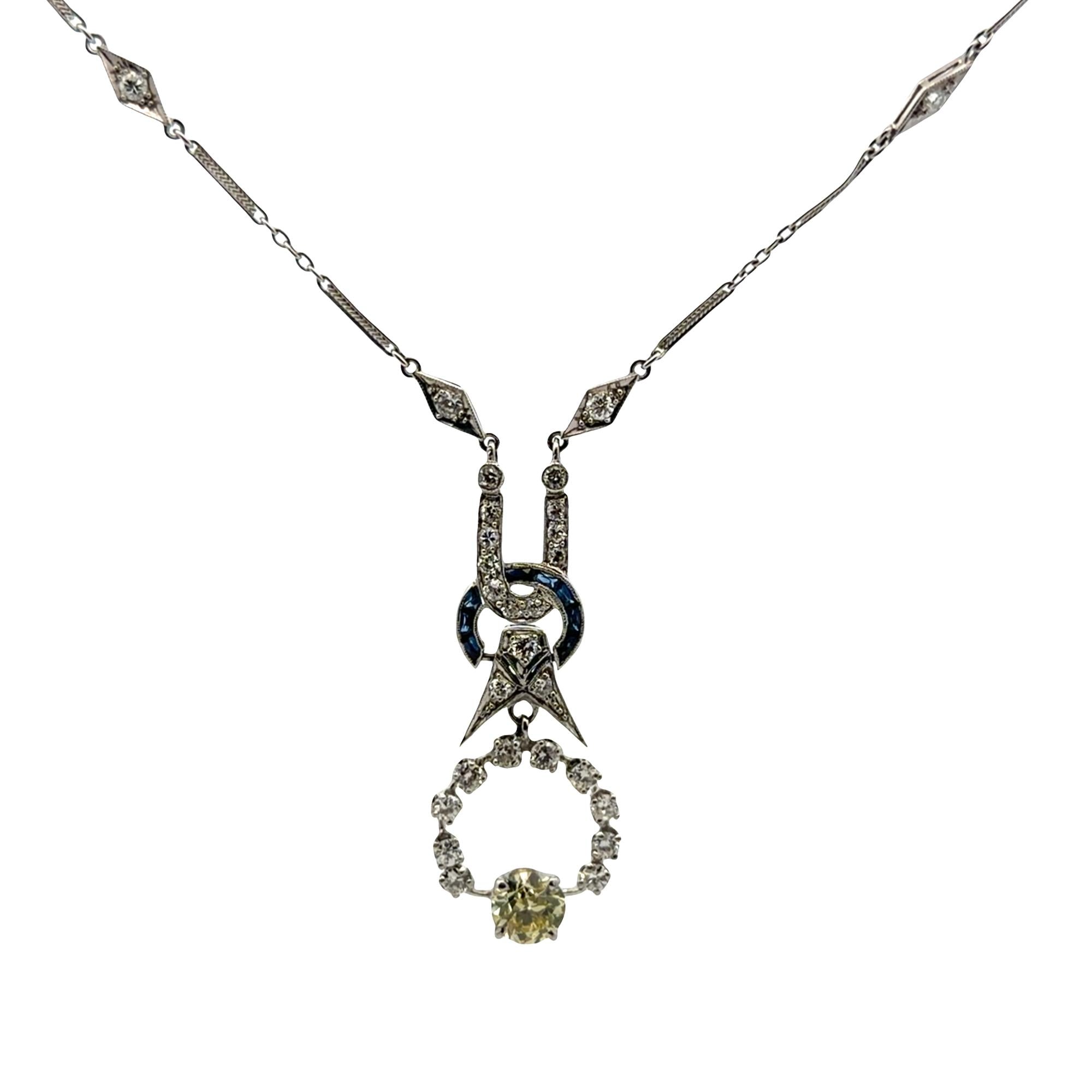 Art Deco Old European-Cut Diamond Platinum Drop Pendant Necklace