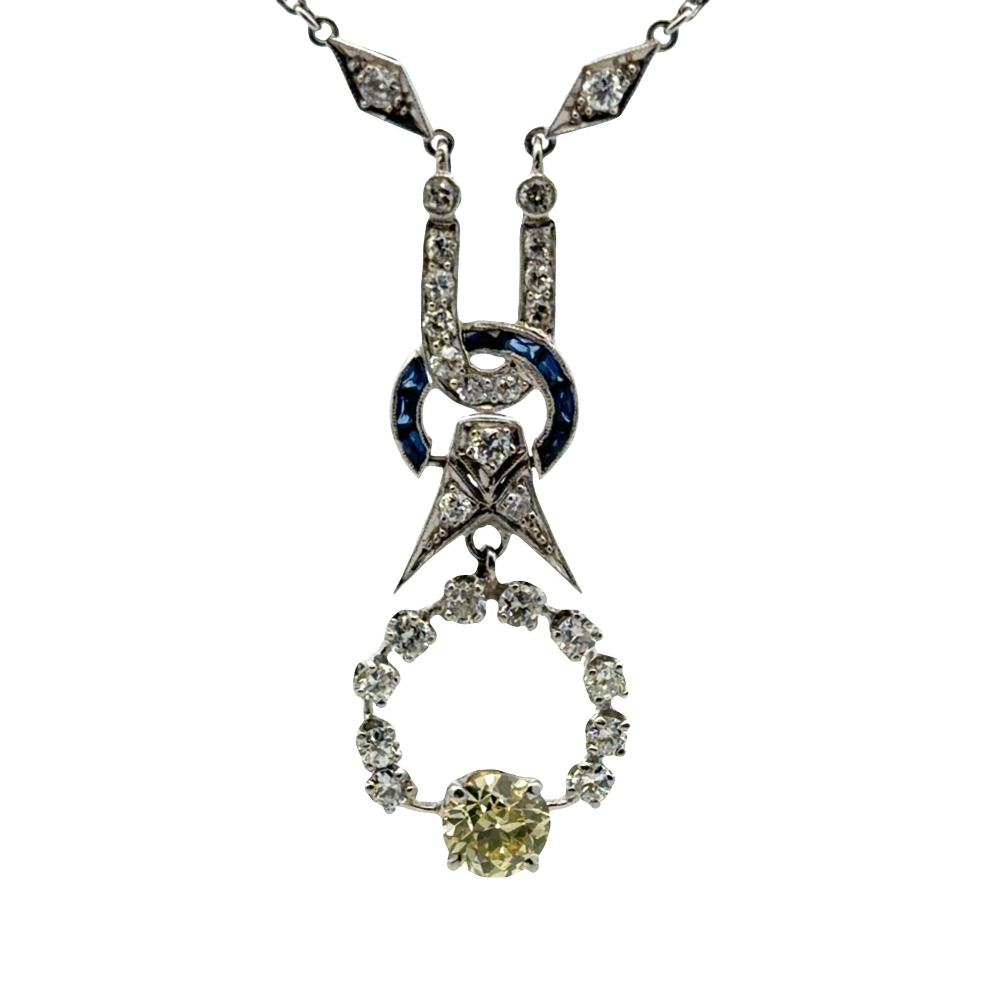 Art Deco Old European-Cut Diamond Platinum Drop Pendant Necklace
