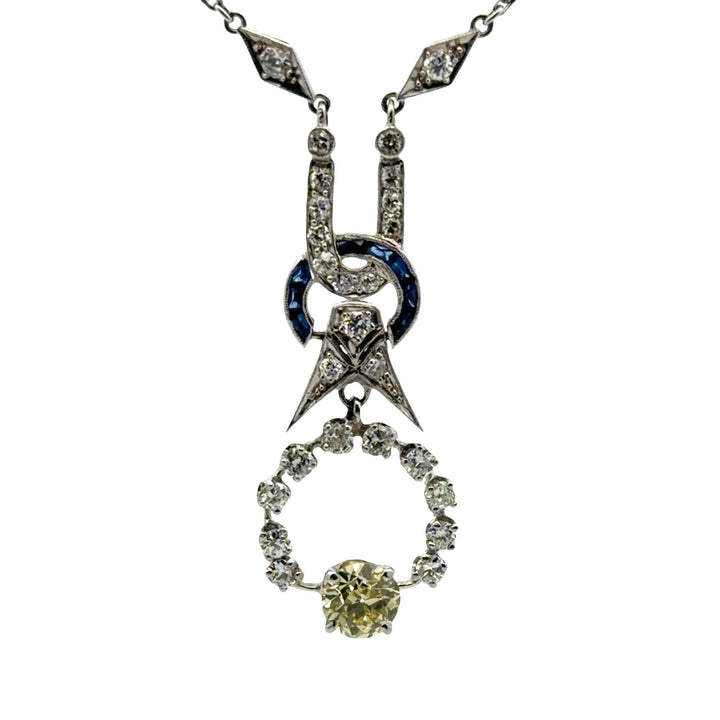 Art Deco Old European-Cut Diamond Platinum Drop Pendant Necklace