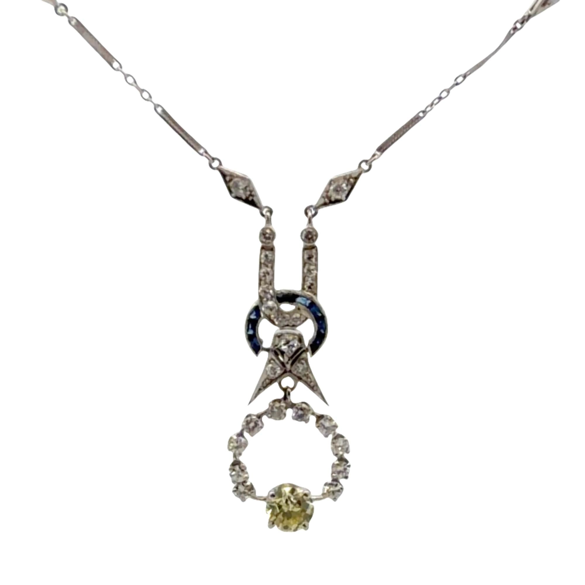 Art Deco Old European-Cut Diamond Platinum Drop Pendant Necklace