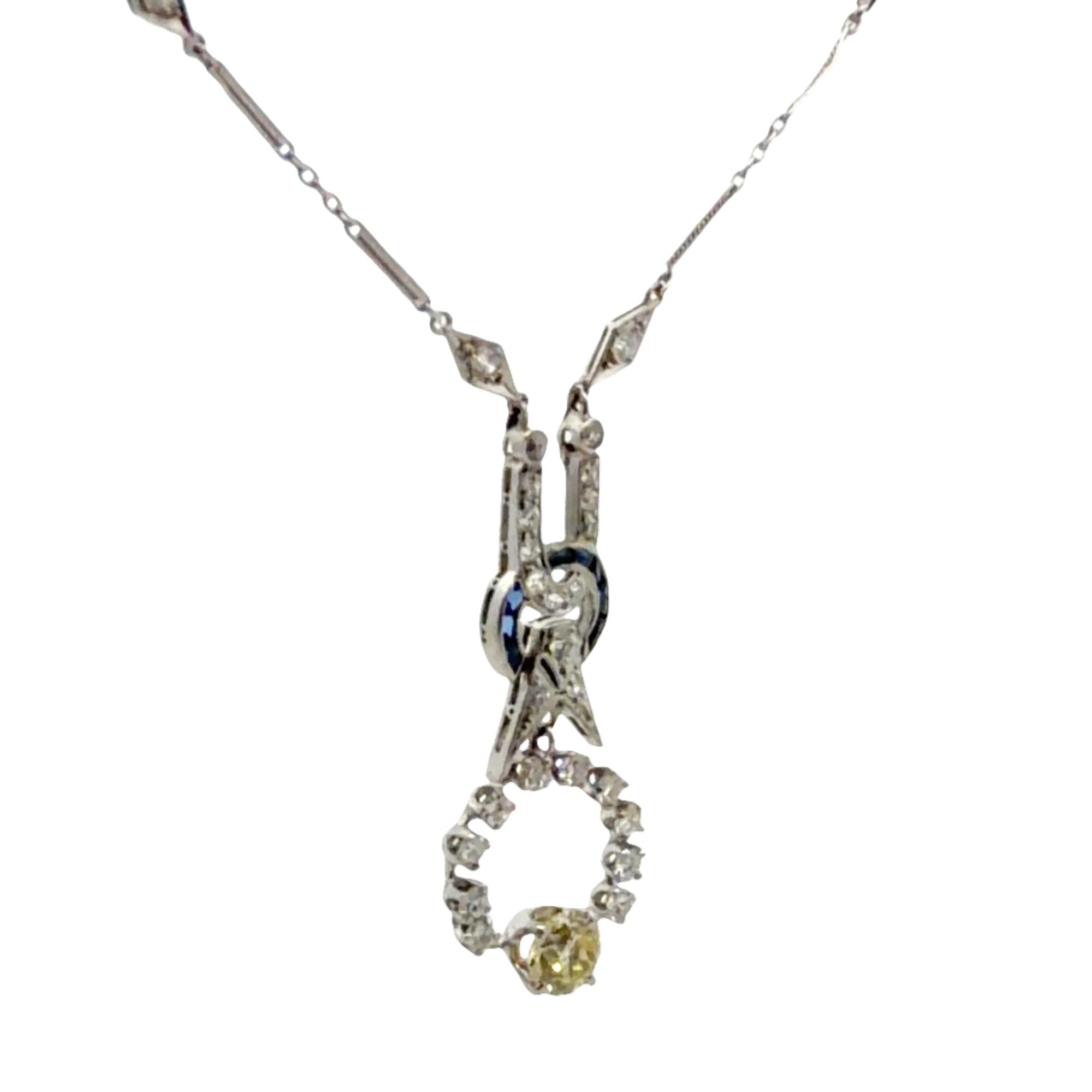 Art Deco Old European-Cut Diamond Platinum Drop Pendant Necklace