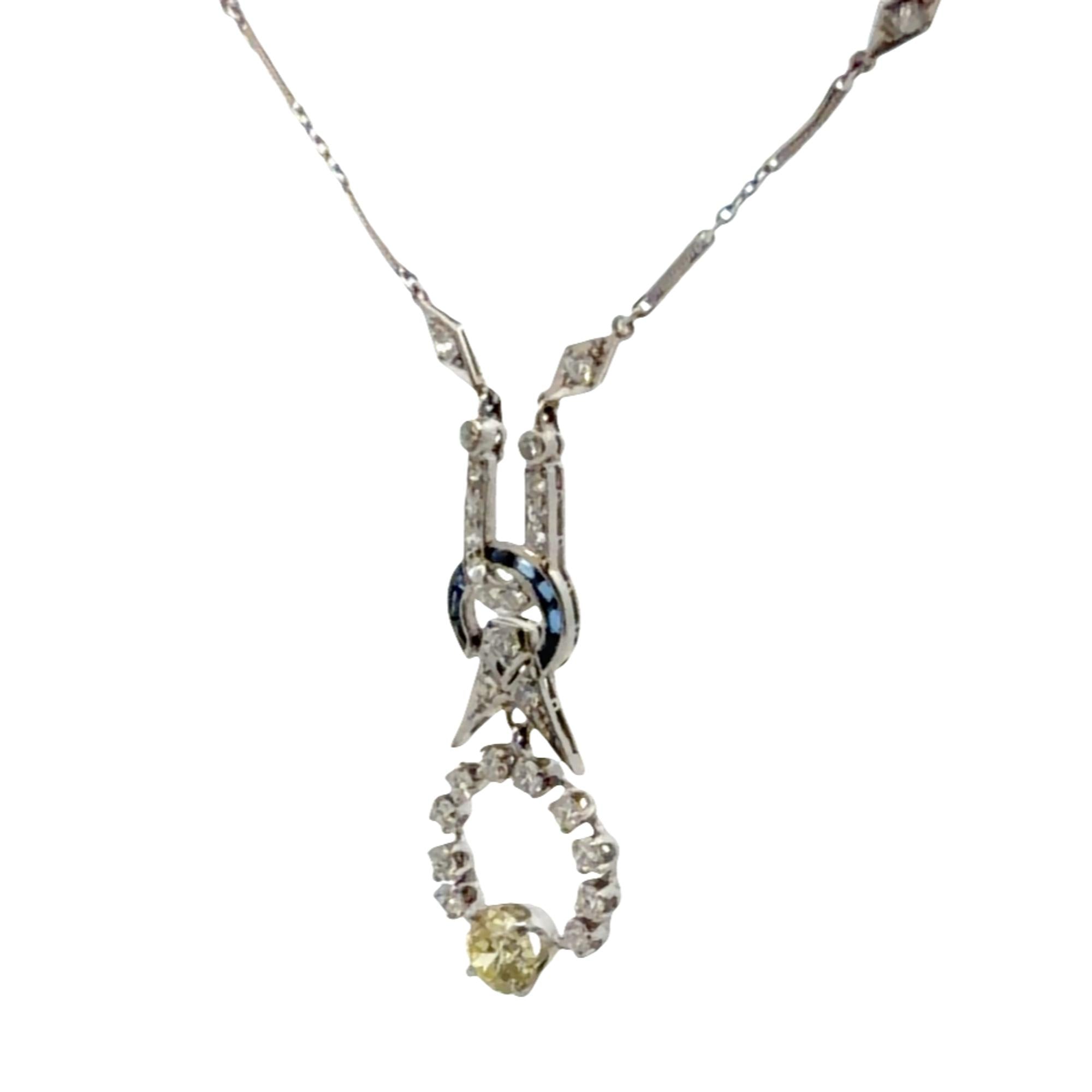 Art Deco Old European-Cut Diamond Platinum Drop Pendant Necklace