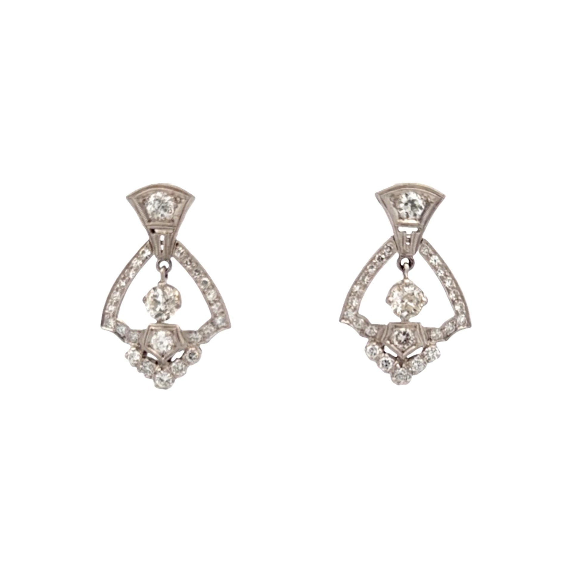 Art Deco Old European-Cut Diamond Platinum Dangle Earrings