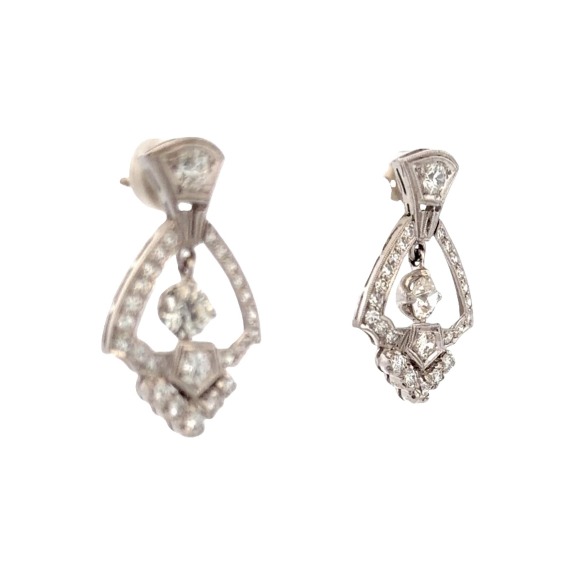 Art Deco Old European-Cut Diamond Platinum Dangle Earrings