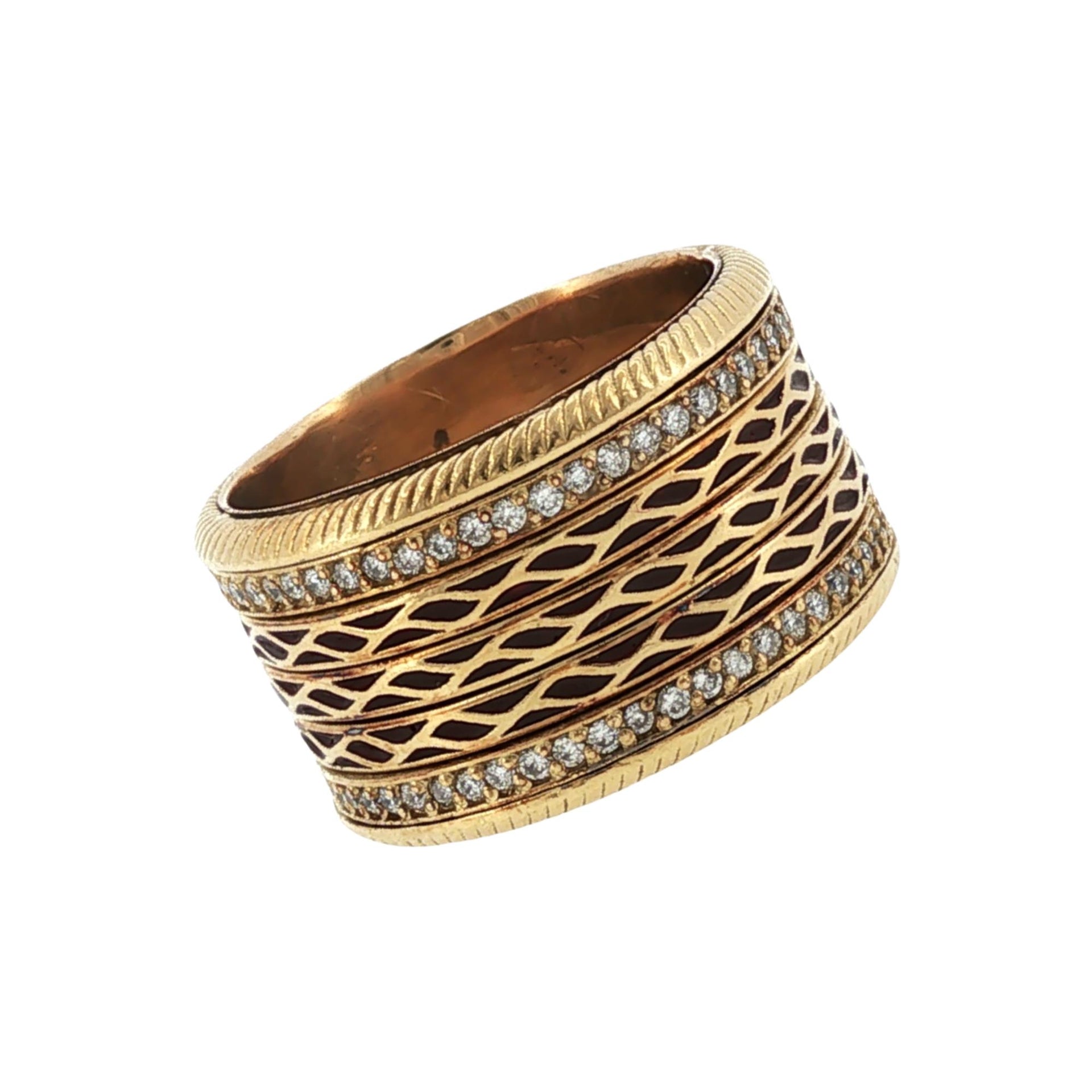 Diamond Enamel 18 Karat Yellow Gold Wide Band Ring Size 9.5