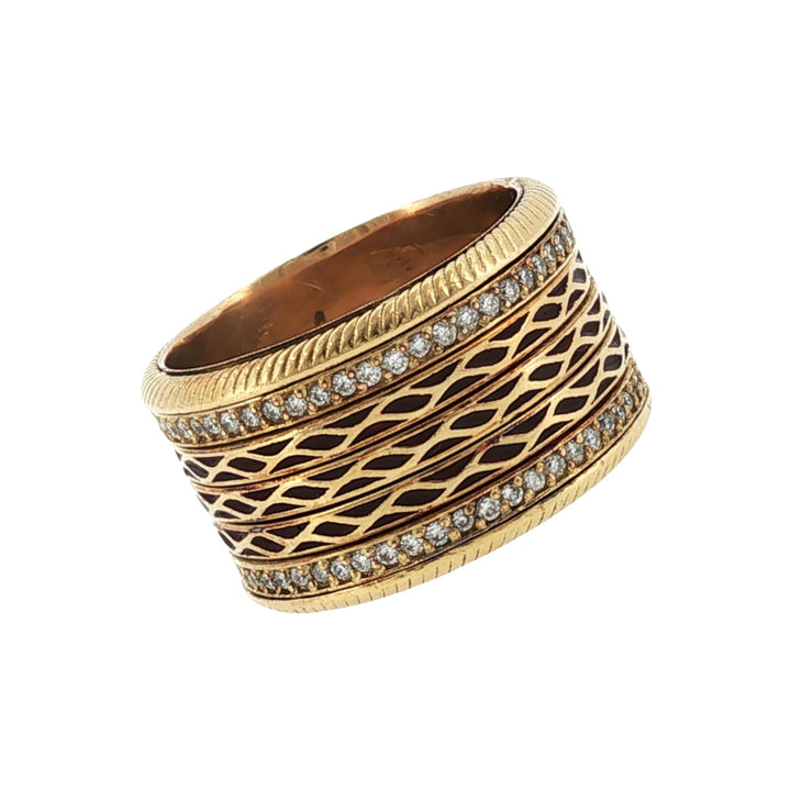 Diamond Enamel 18 Karat Yellow Gold Wide Band Ring Size 9.5