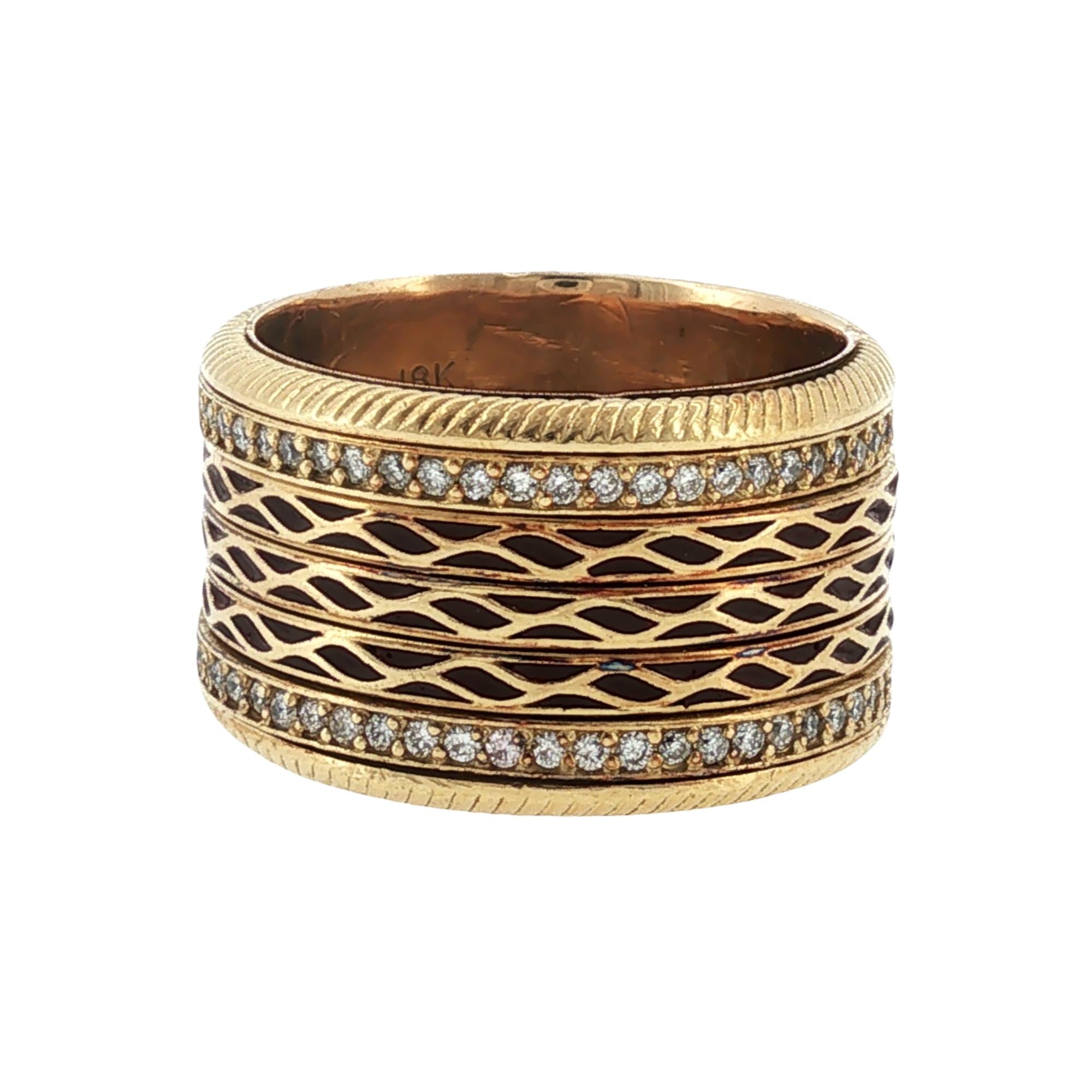 Diamond Enamel 18 Karat Yellow Gold Wide Band Ring Size 9.5