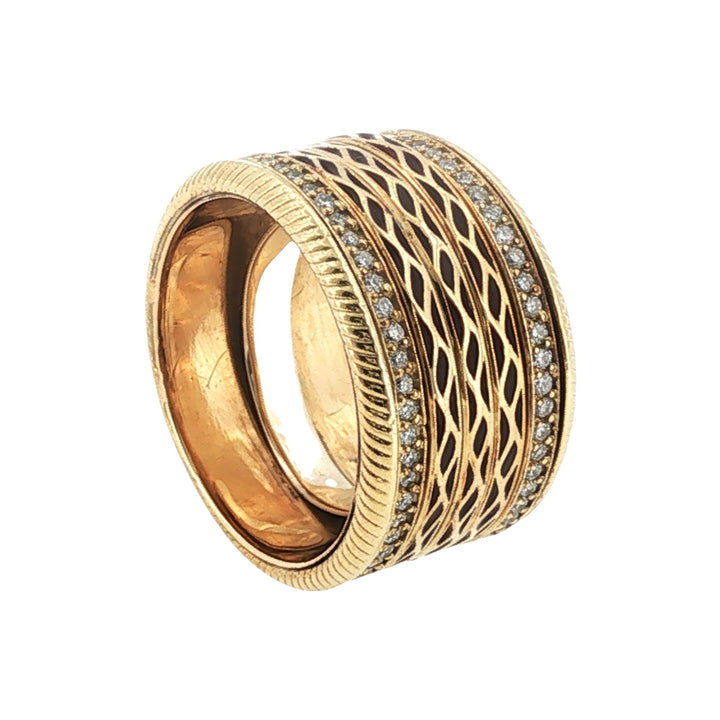 Diamond Enamel 18 Karat Yellow Gold Wide Band Ring Size 9.5