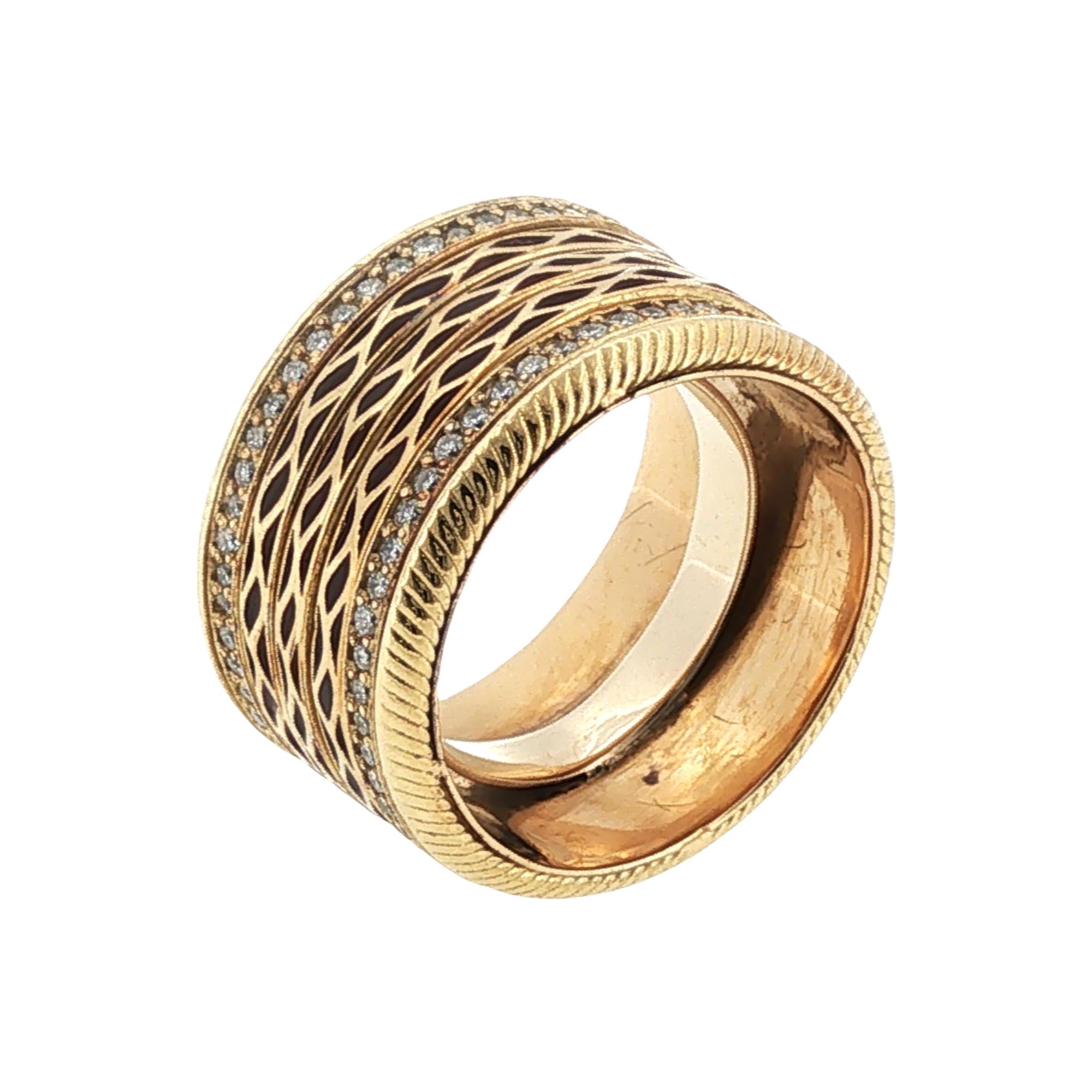 Diamond Enamel 18 Karat Yellow Gold Wide Band Ring Size 9.5