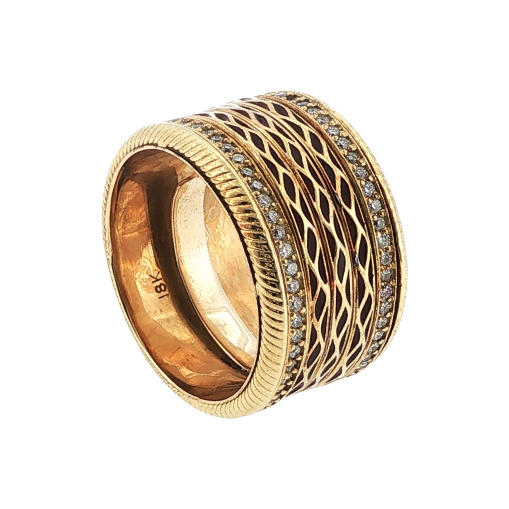 Diamond Enamel 18 Karat Yellow Gold Wide Band Ring Size 9.5