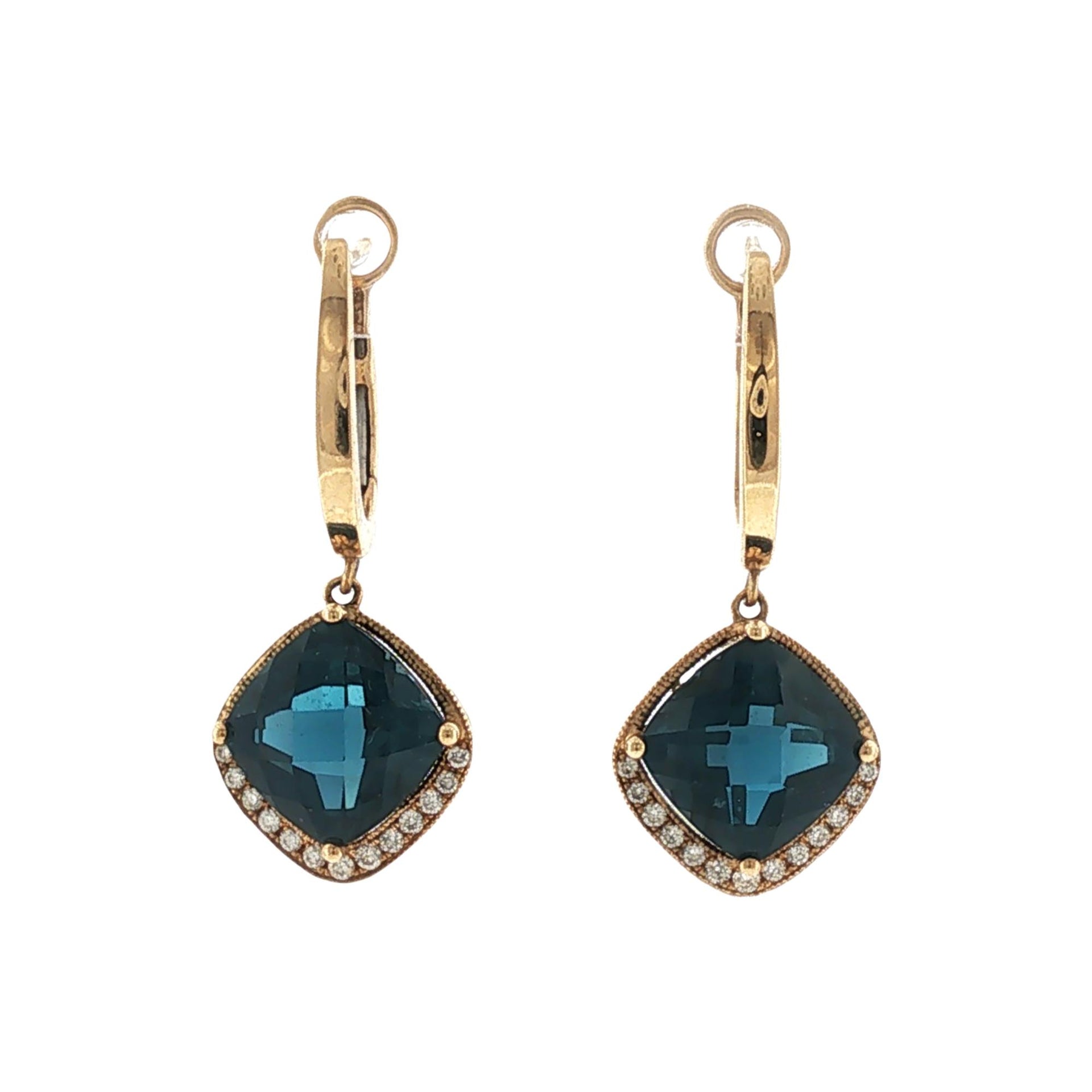 Checkerboard Faceted Blue Topaz Diamond 14 Karat Yellow Gold Dangle Earrings