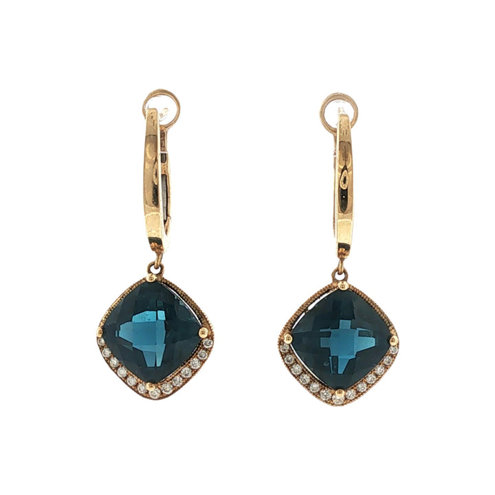 Checkerboard Faceted Blue Topaz Diamond 14 Karat Yellow Gold Dangle Earrings