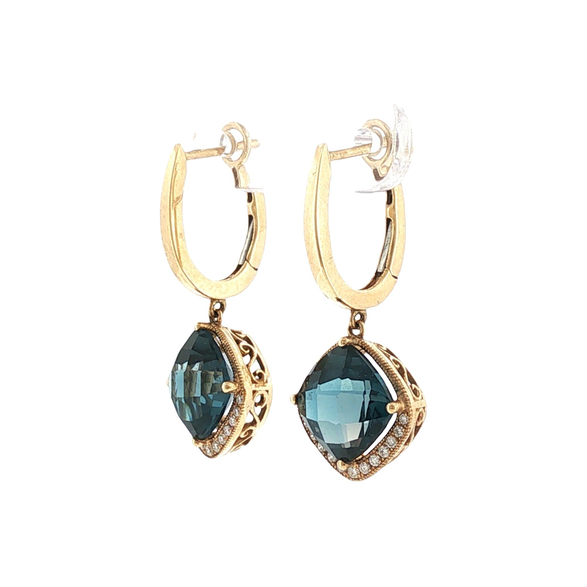 Checkerboard Faceted Blue Topaz Diamond 14 Karat Yellow Gold Dangle Earrings